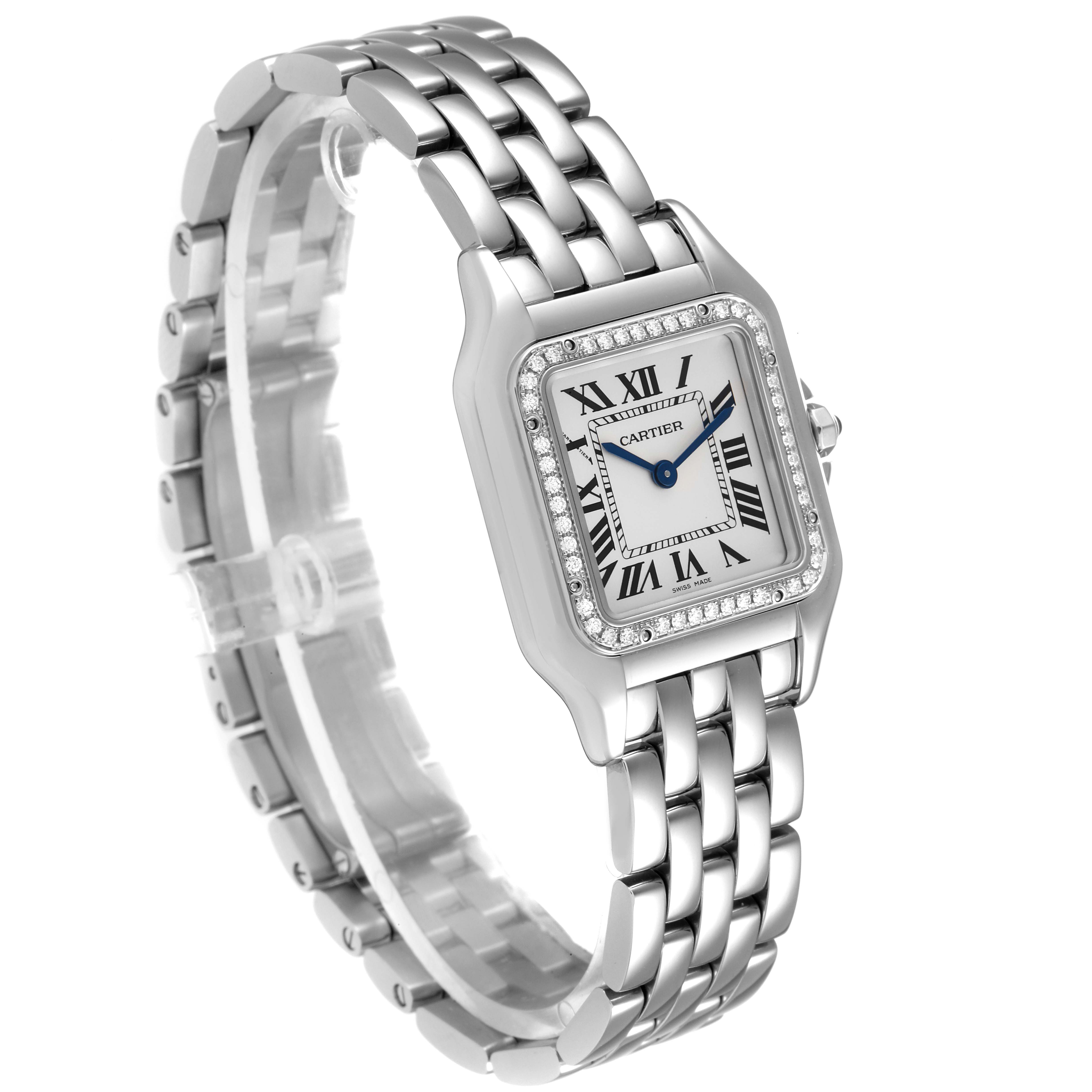 This image shows a Cartier Panthere W4PN0008 Women
s Stainless Steel Silver Dial W4PN0008 Women
s Stainless Steel Silver Dial model watch from an oblique angle, highlighting its face and stainless steel bracelet.