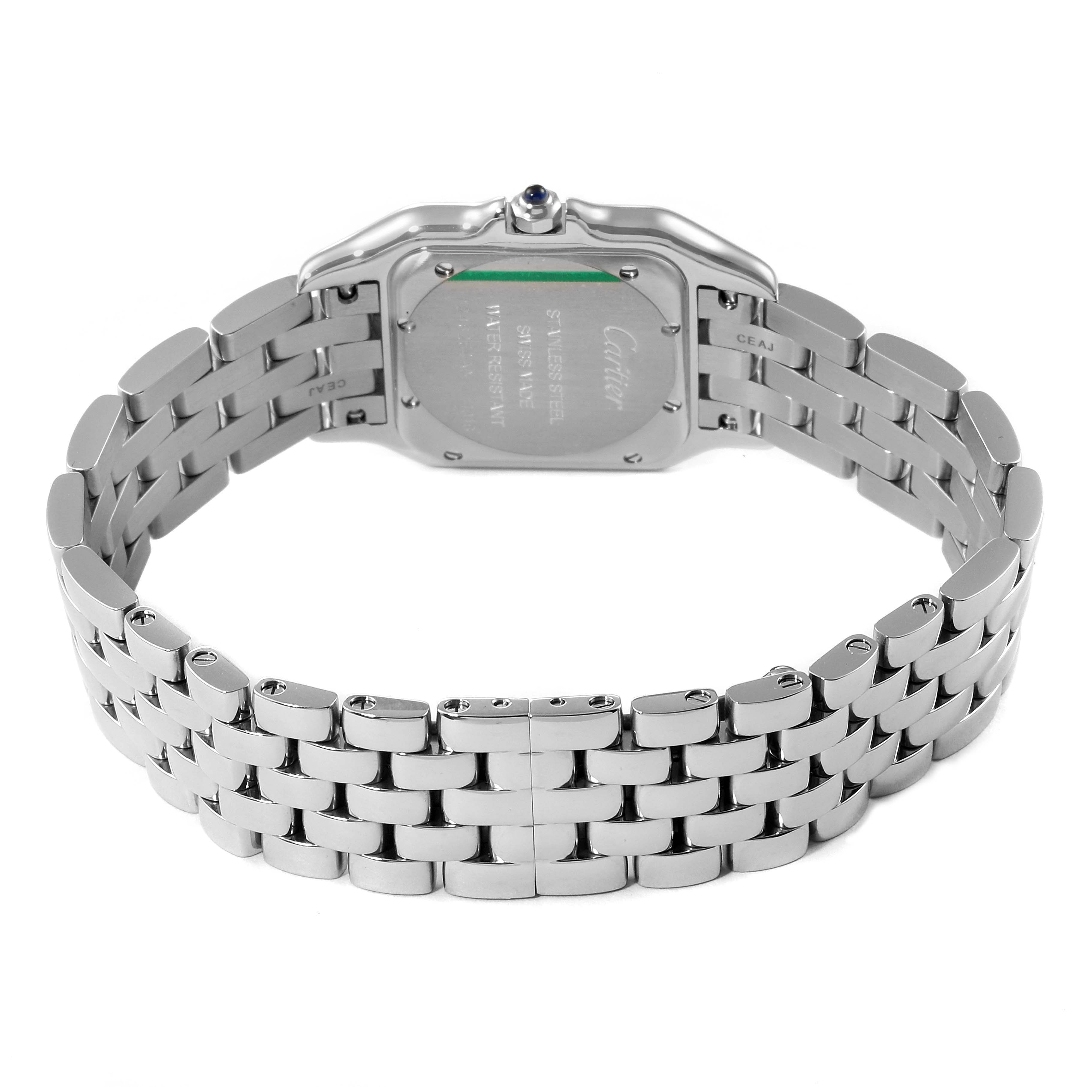 This image shows the back view of the Cartier Panthere W4PN0008 Women
s Stainless Steel Silver Dial W4PN0008 Women
s Stainless Steel Silver Dial watch, highlighting its stainless steel bracelet and case back.