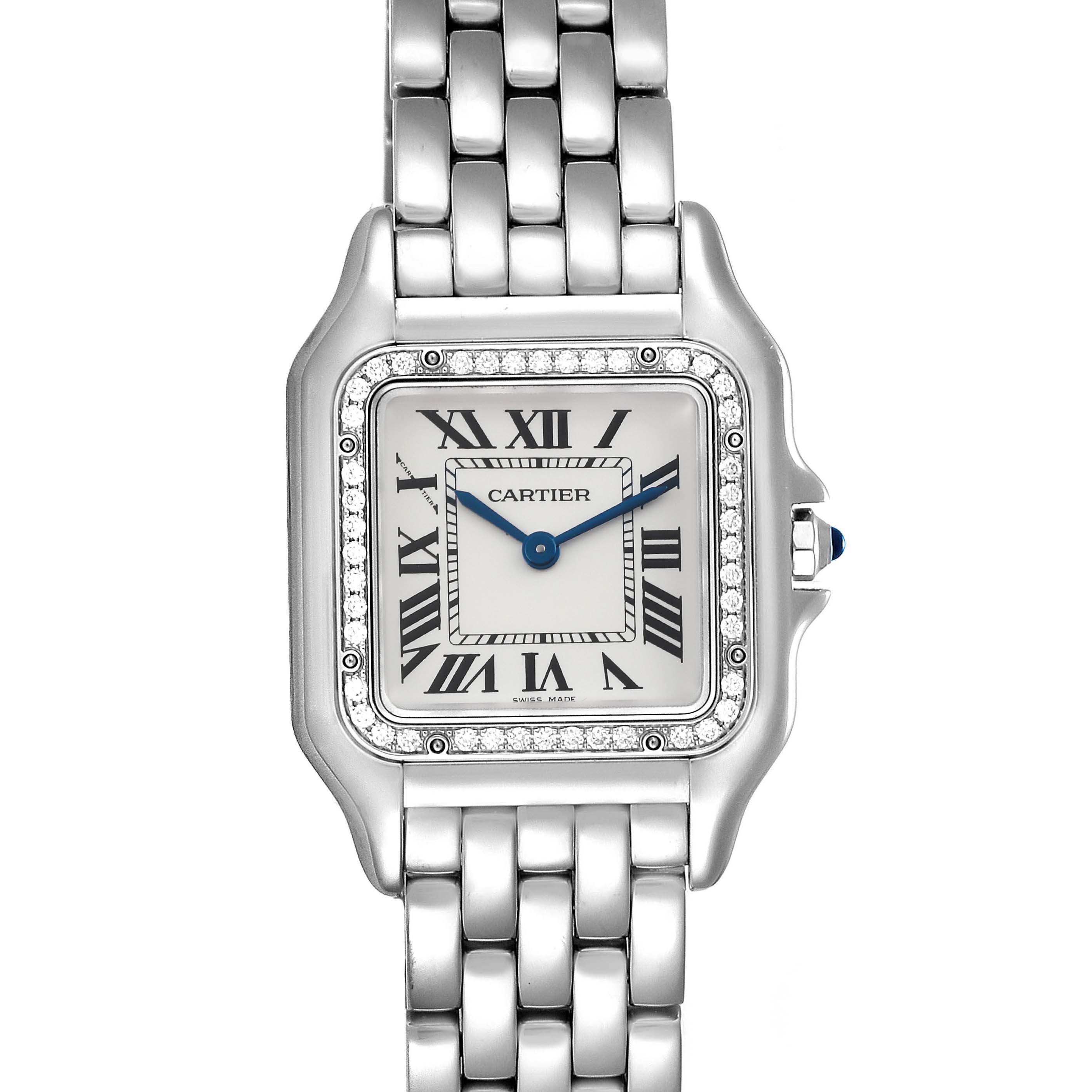 The image shows a front view of a Cartier Panthere W4PN0008 Women
s Stainless Steel Silver Dial W4PN0008 Women
s Stainless Steel Silver Dial watch, highlighting its face, bracelet, and bezel with diamonds.