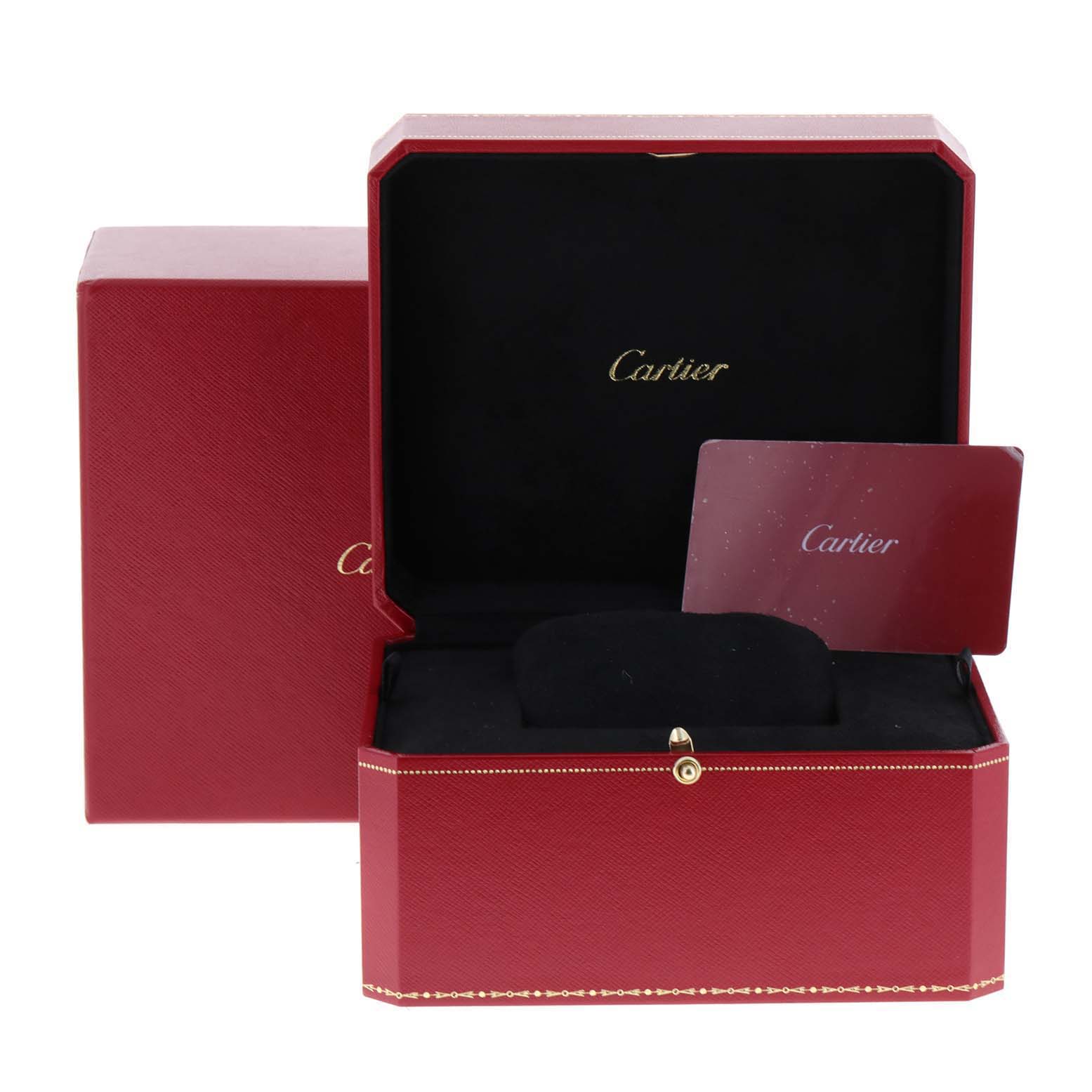 The image shows an open red Cartier Panthere W4PN0008 Women
s Stainless Steel Silver Dial W4PN0008 Women
s Stainless Steel Silver Dial watch box with a card and cushion inside, viewed from the front.