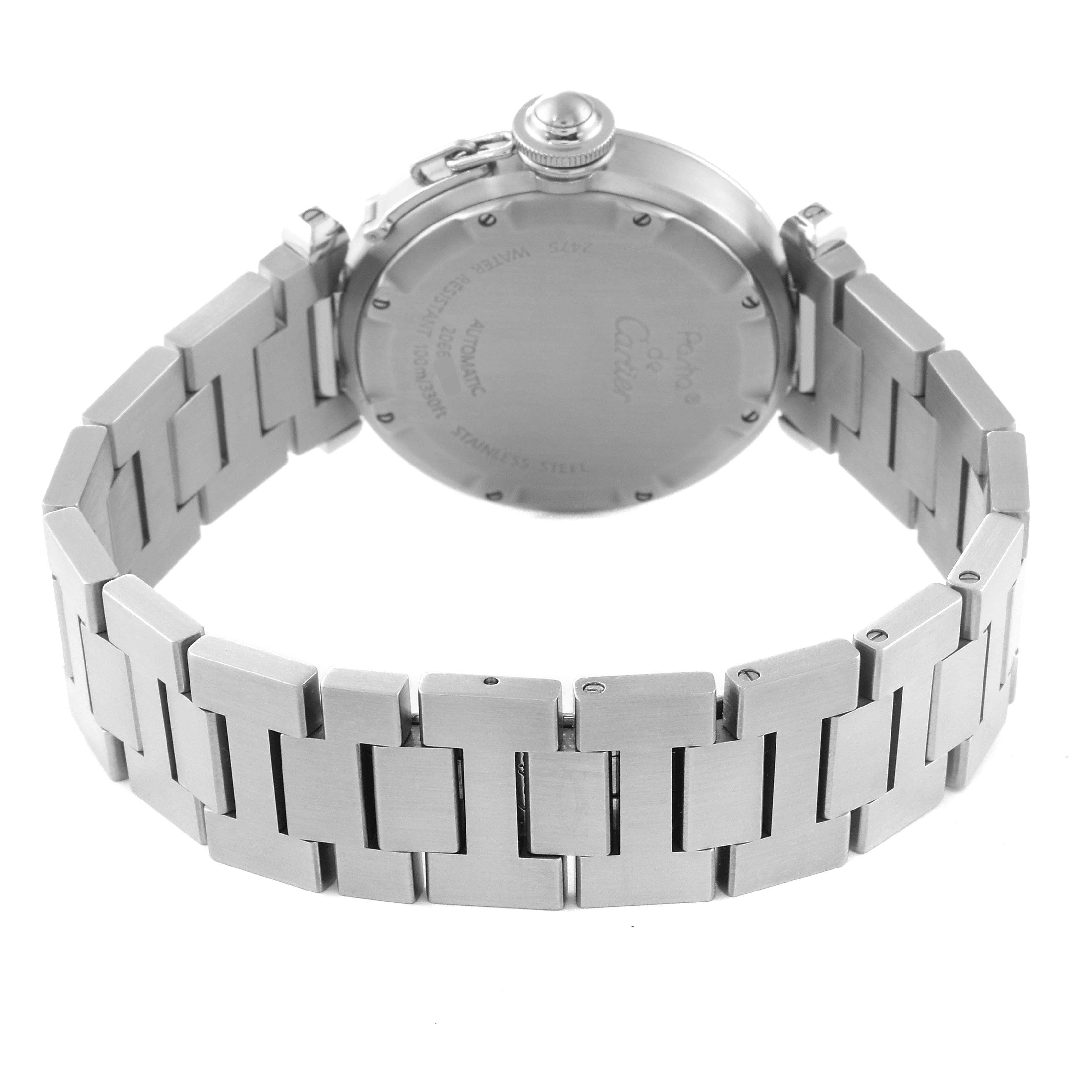 The image shows the back and bracelet of a Cartier Pasha 63488 Men's Stainless Steel White Dial 63488 Men's Stainless Steel White Dial model watch at a rear view angle.