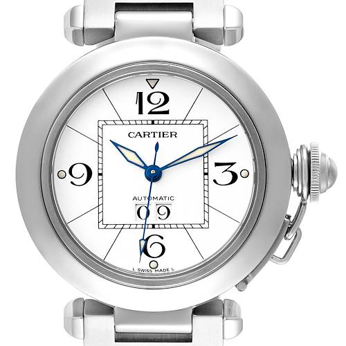 The Cartier Pasha model watch is shown from a front angle, displaying the face, hands, and crown.