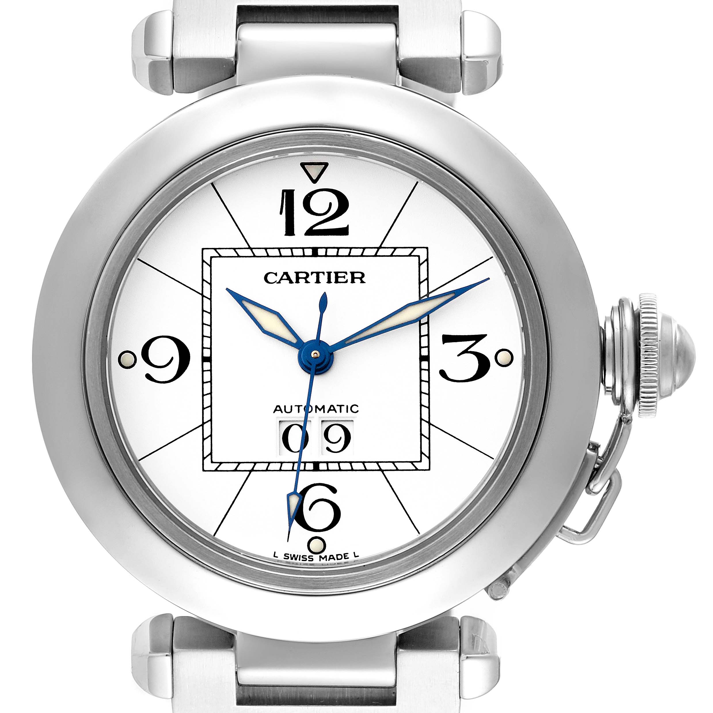 The image shows a Cartier Pasha 63488 Men's Stainless Steel White Dial 63488 Men's Stainless Steel White Dial watch head-on, highlighting its face, bezel, crown, and part of the strap.