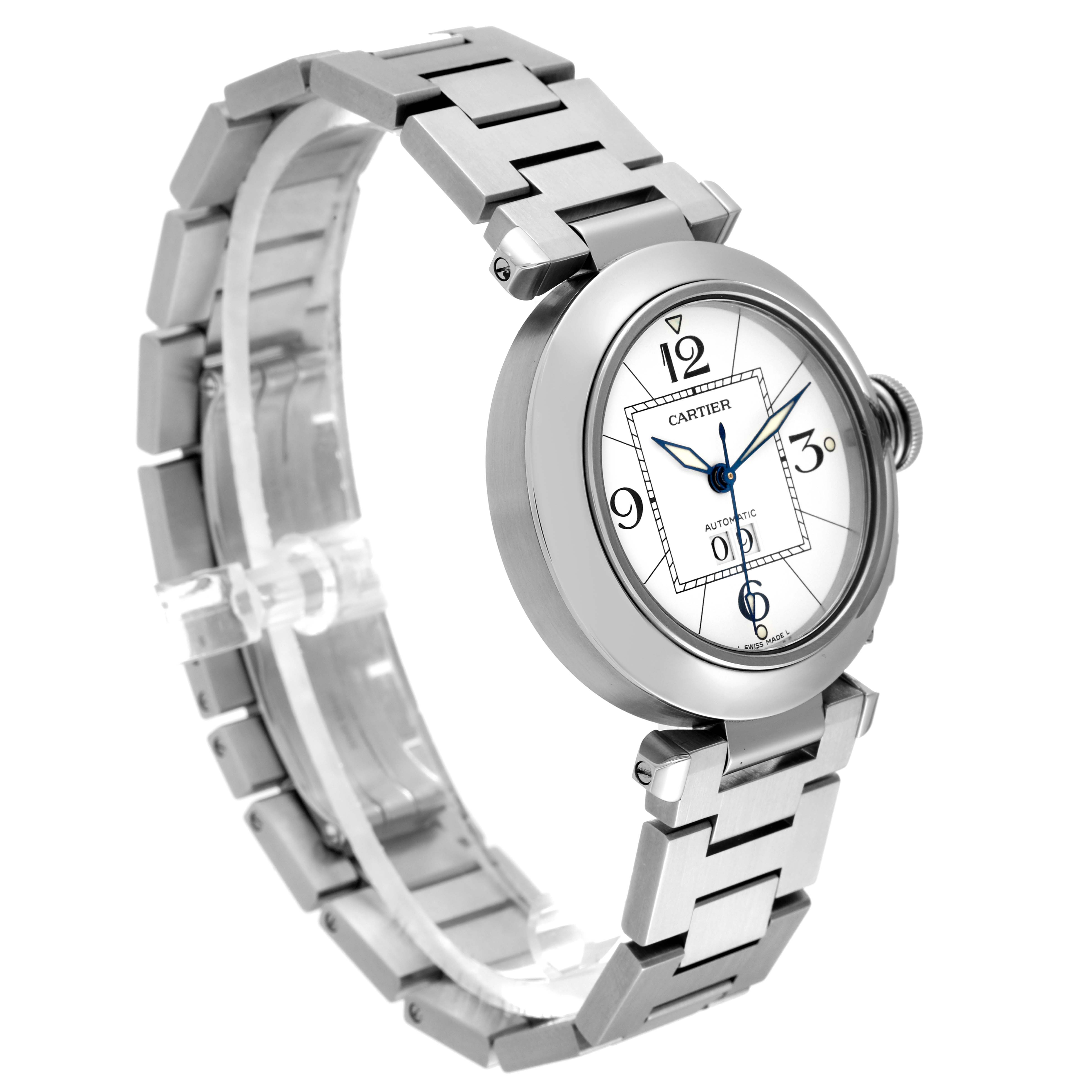 The Cartier Pasha 63488 Men's Stainless Steel White Dial 63488 Men's Stainless Steel White Dial watch is shown at a three-quarter angle, displaying its face, bezel, crown, and metal bracelet.