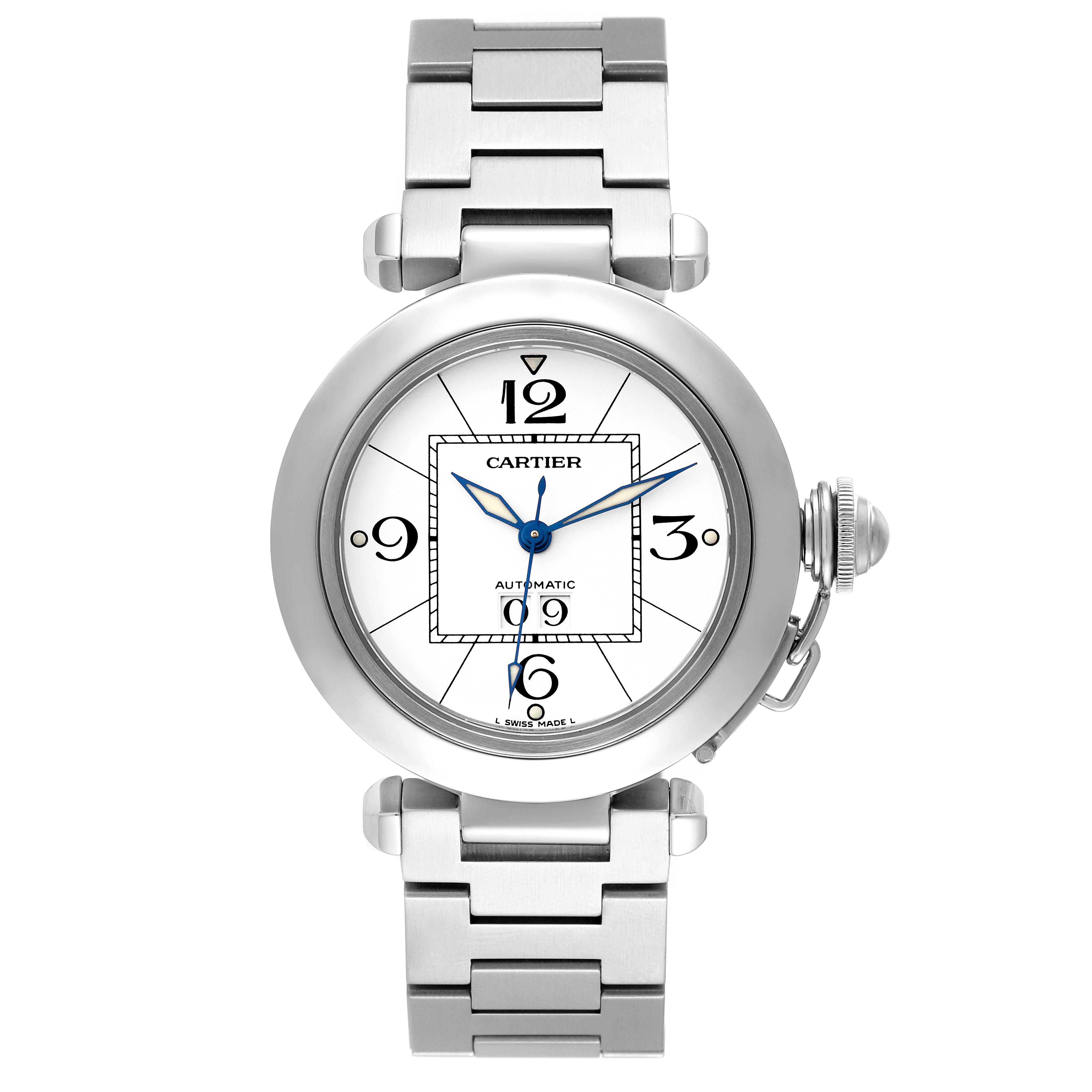 This is a front view of a Cartier Pasha 63488 Men's Stainless Steel White Dial 63488 Men's Stainless Steel White Dial model watch, showing the face, hands, and metal bracelet.