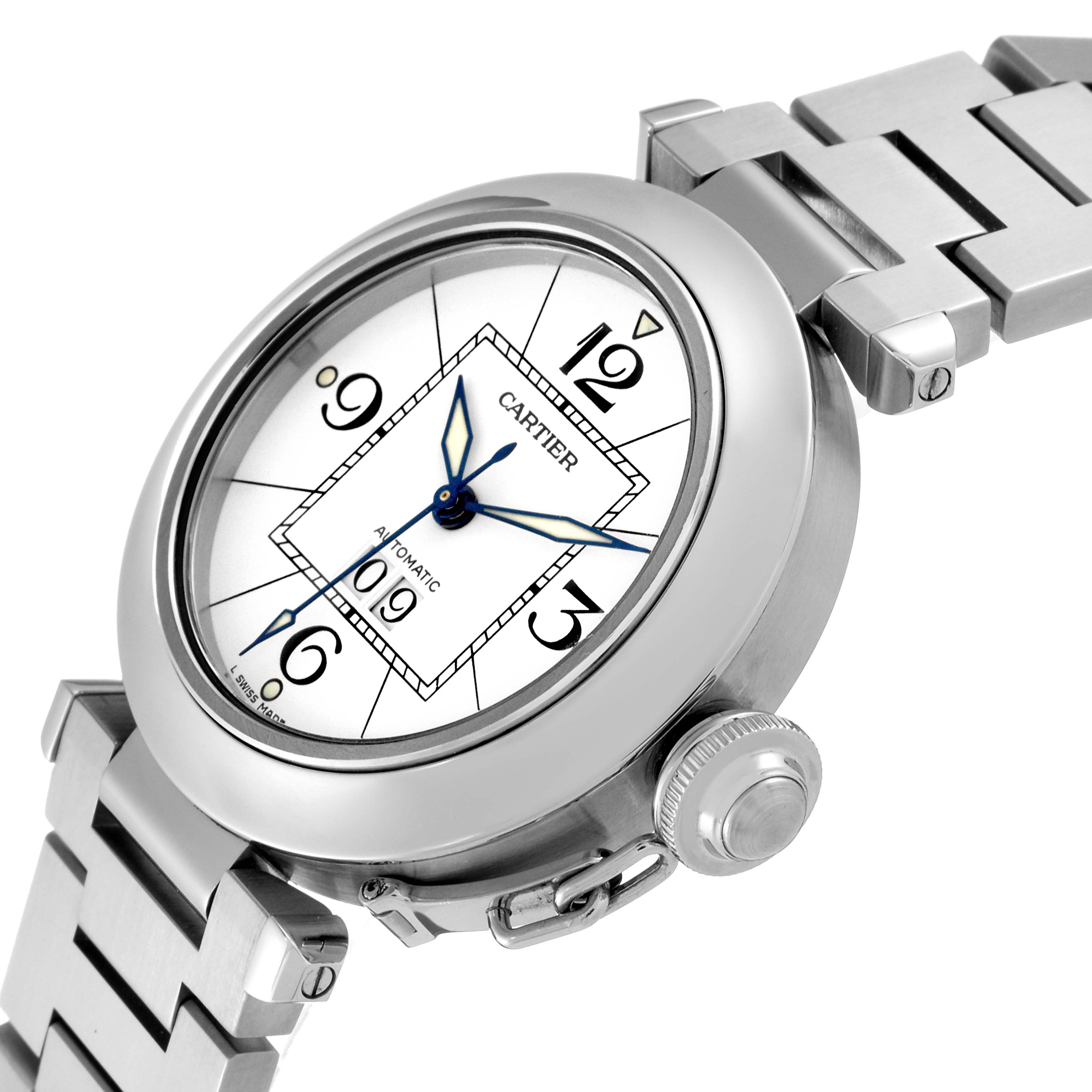 The image shows a Cartier Pasha 63488 Men's Stainless Steel White Dial 63488 Men's Stainless Steel White Dial model watch from a side angle, highlighting the dial, crown, and part of the metal bracelet.