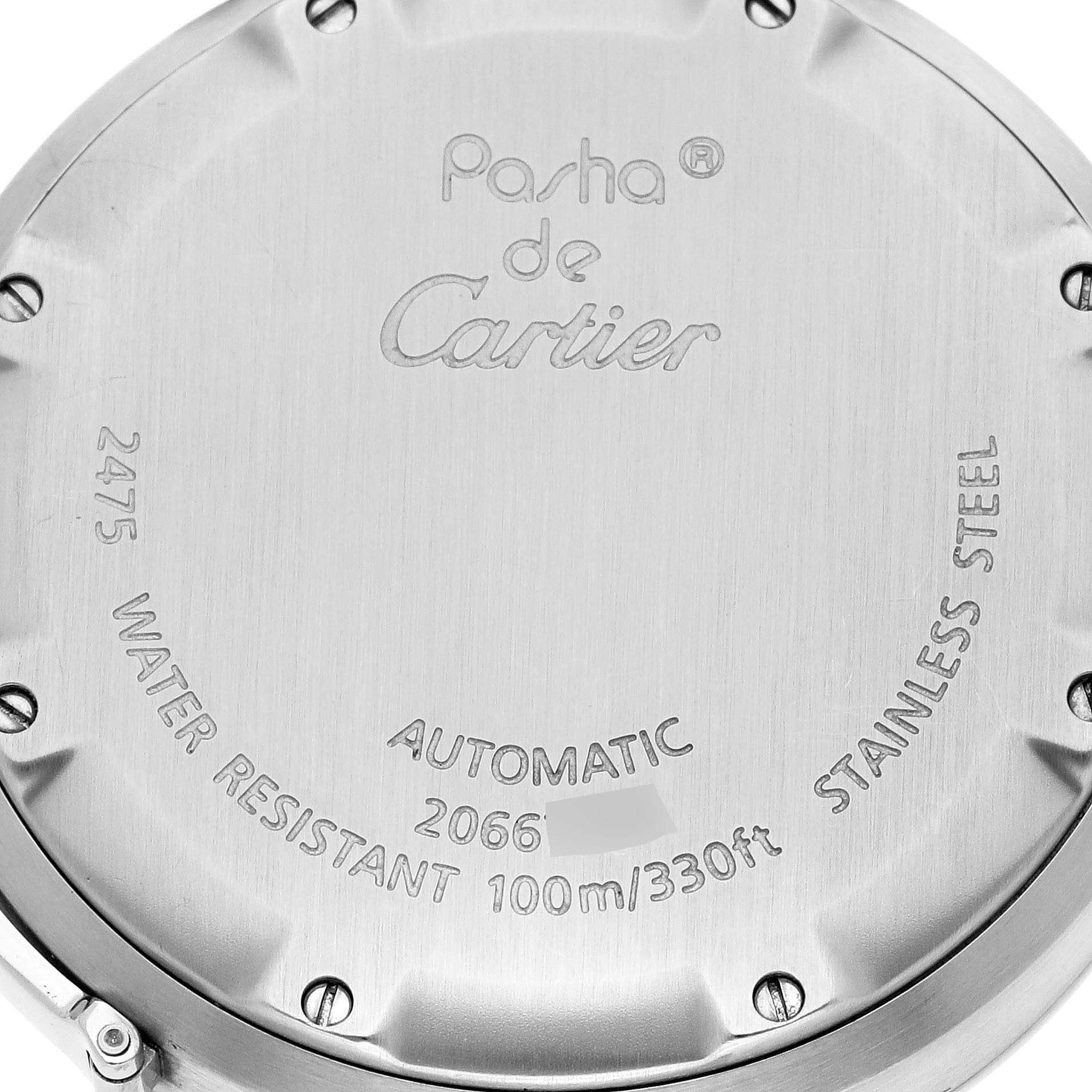 This image shows the stainless steel case back of a Cartier Pasha 63488 Men's Stainless Steel White Dial 63488 Men's Stainless Steel White Dial model watch.