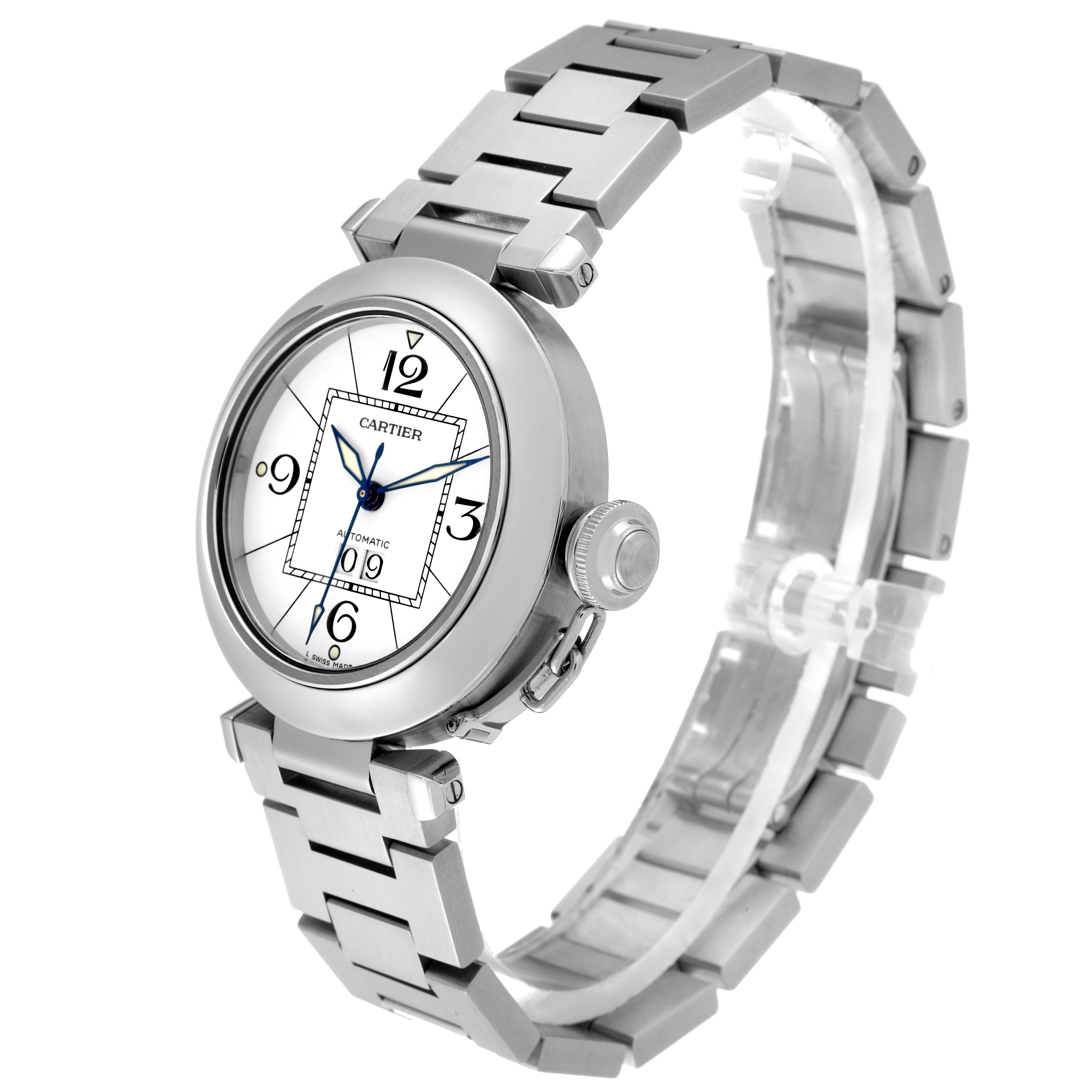 The image shows a Cartier Pasha 63488 Men's Stainless Steel White Dial 63488 Men's Stainless Steel White Dial model watch from an angled side view, highlighting the dial, bracelet, and crown.