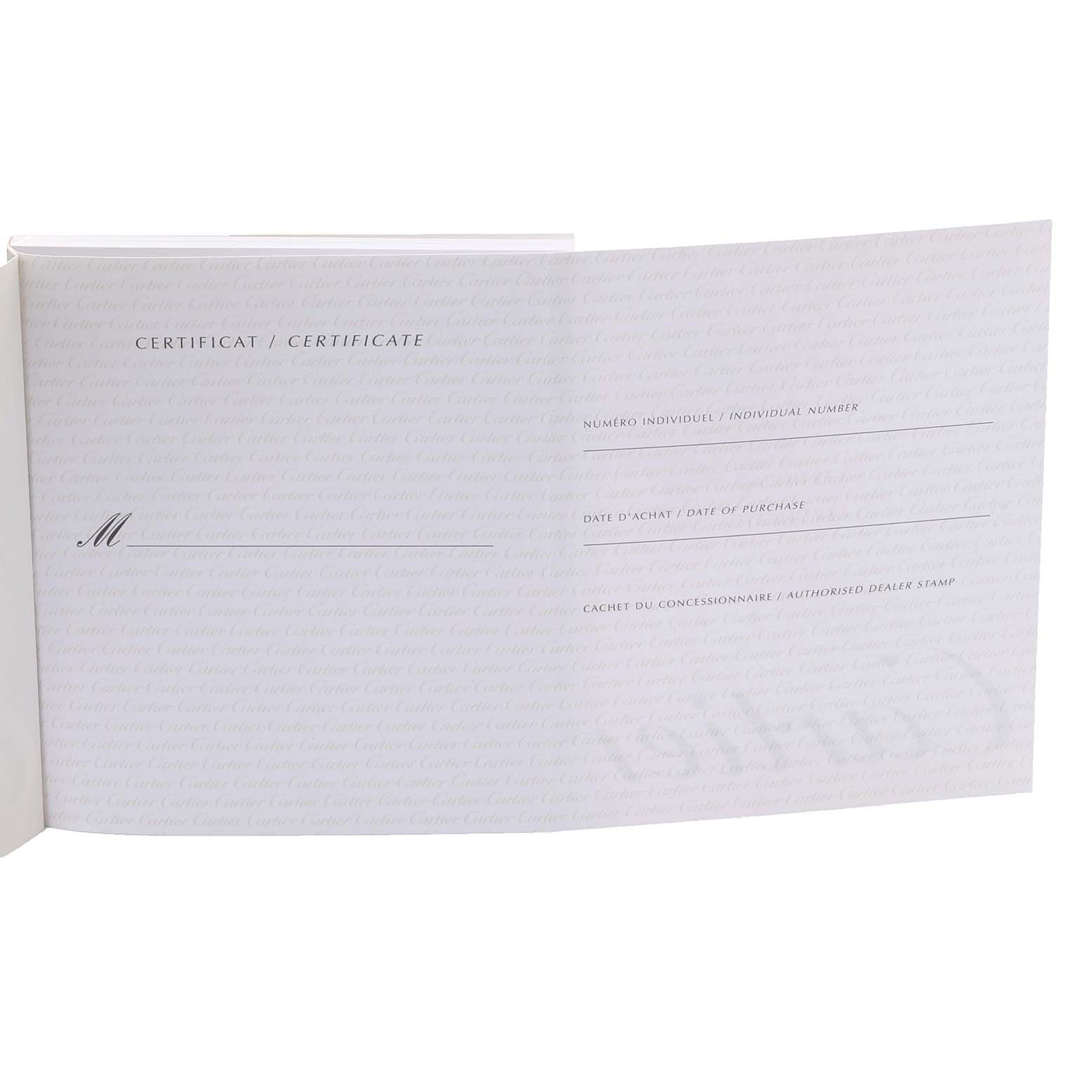 The image shows a blank certificate booklet for the Pasha model by Cartier, open to display its inner pages.
