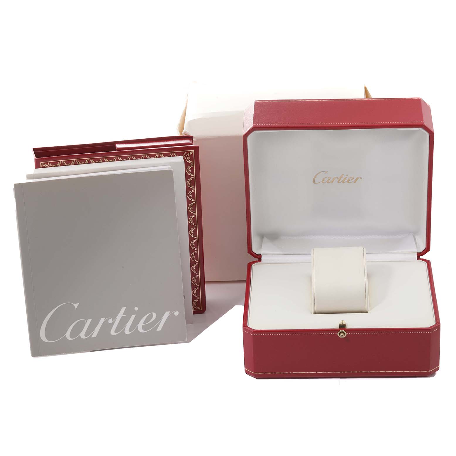This image shows the red Cartier box and manual for a Pasha model watch by Cartier.
