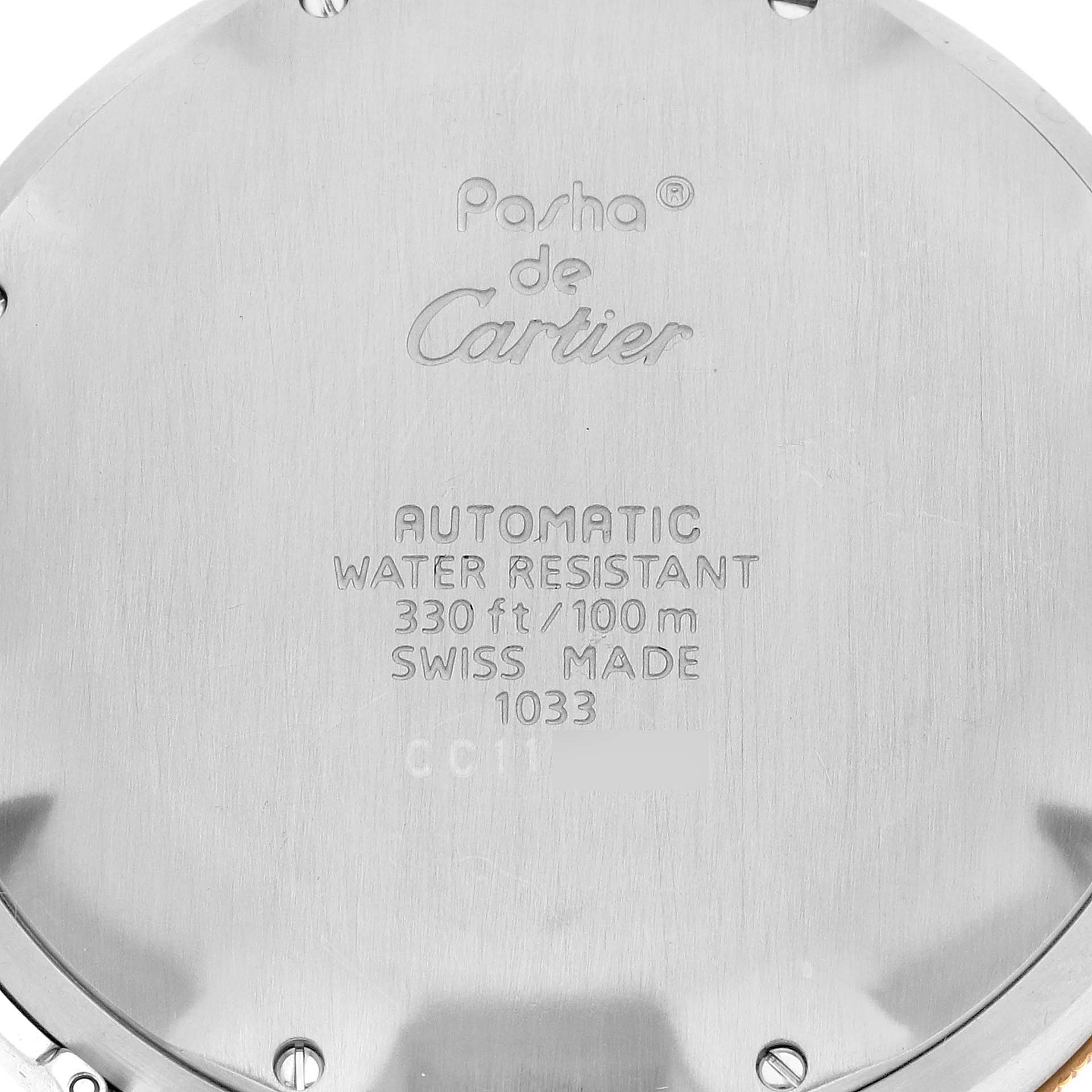 This is the back case of a Cartier Pasha W3101255 Men
s Stainless Steel Silver Dial W3101255 Men
s Stainless Steel Silver Dial watch, displaying branding and technical details.