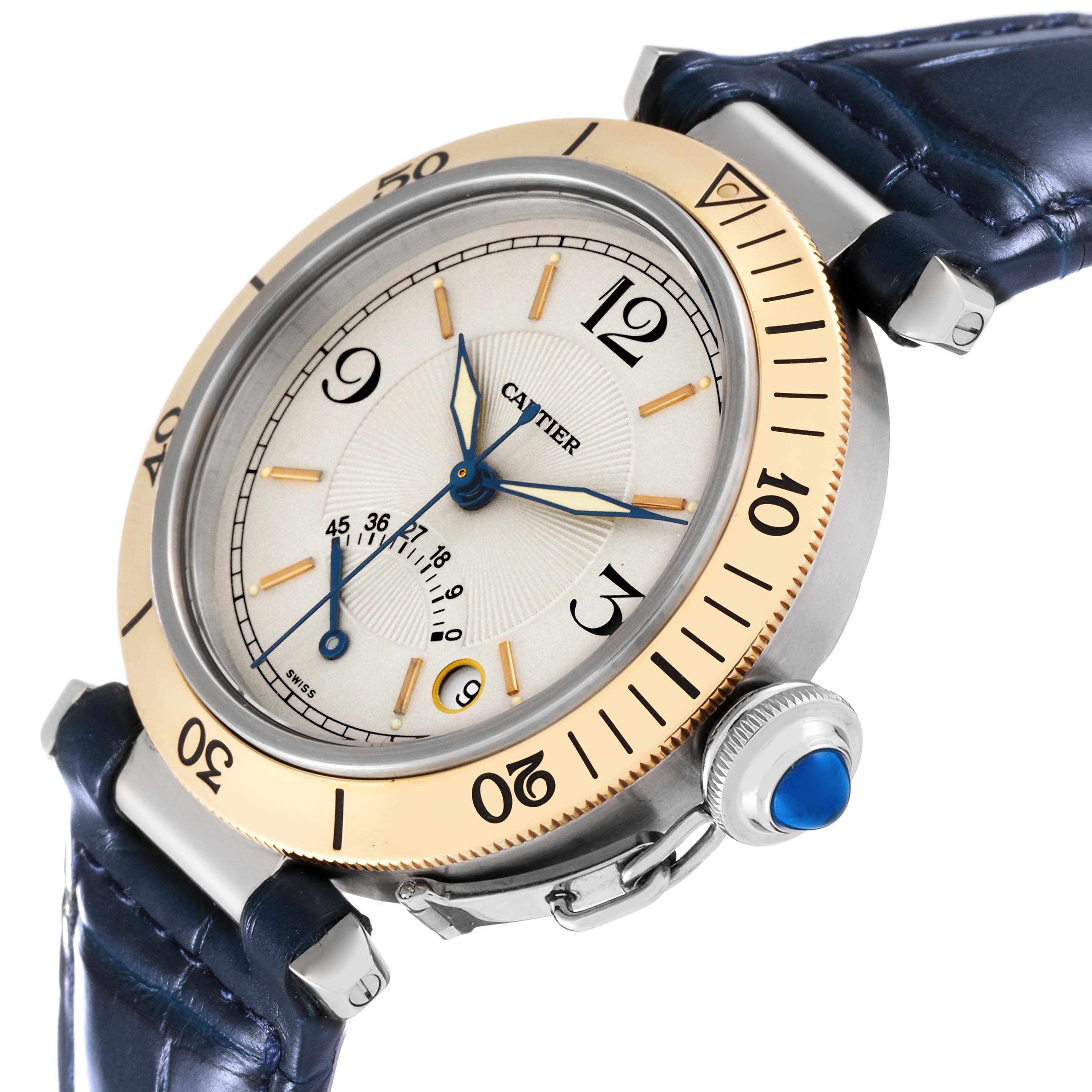 This image displays the Cartier Pasha W3101255 Men
s Stainless Steel Silver Dial W3101255 Men
s Stainless Steel Silver Dial watch at an angle highlighting its face, bezel, crown, and part of the blue leather strap.