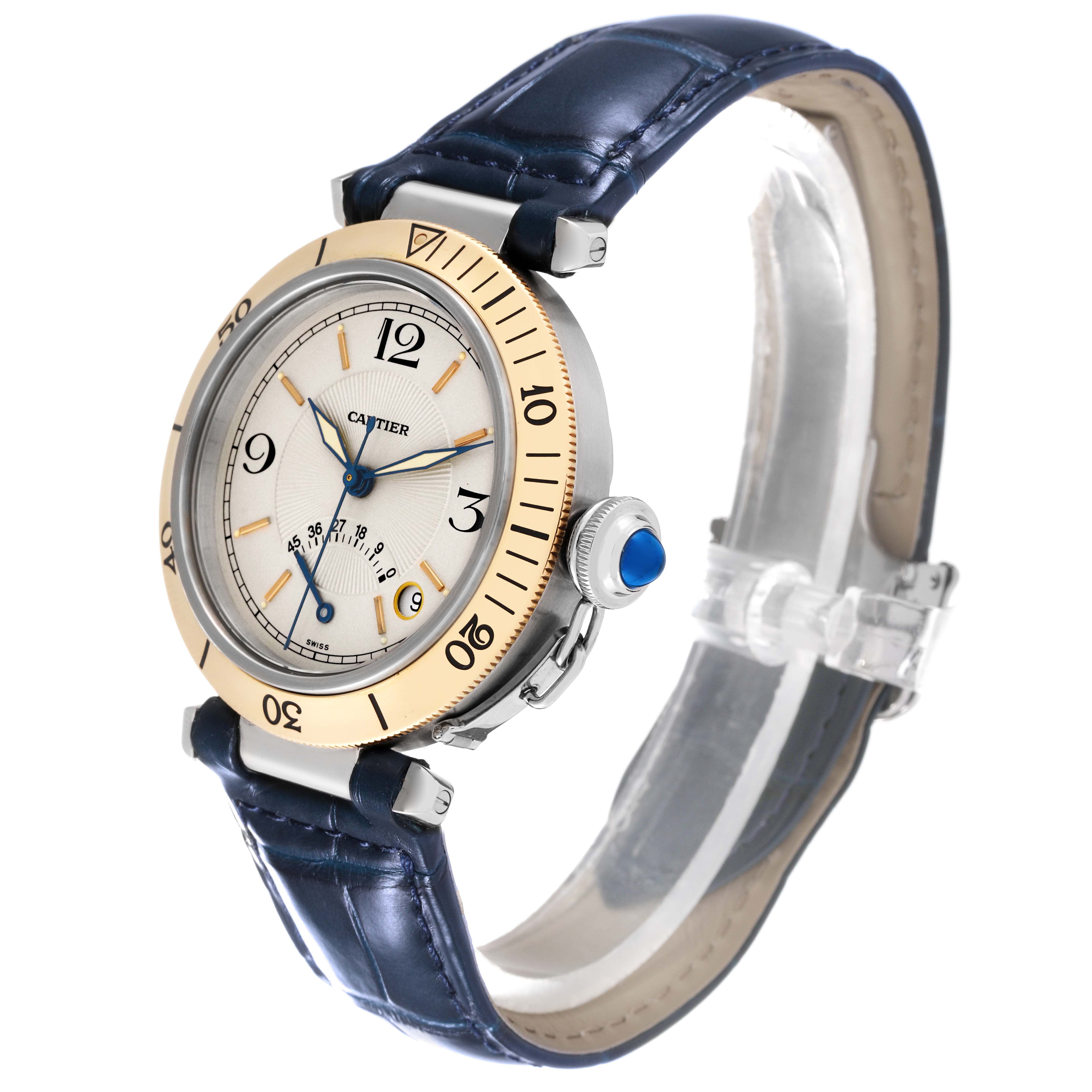 This image shows a Cartier Pasha W3101255 Men
s Stainless Steel Silver Dial W3101255 Men
s Stainless Steel Silver Dial watch at a three-quarter angle, highlighting its face, bezel, crown, and leather strap.