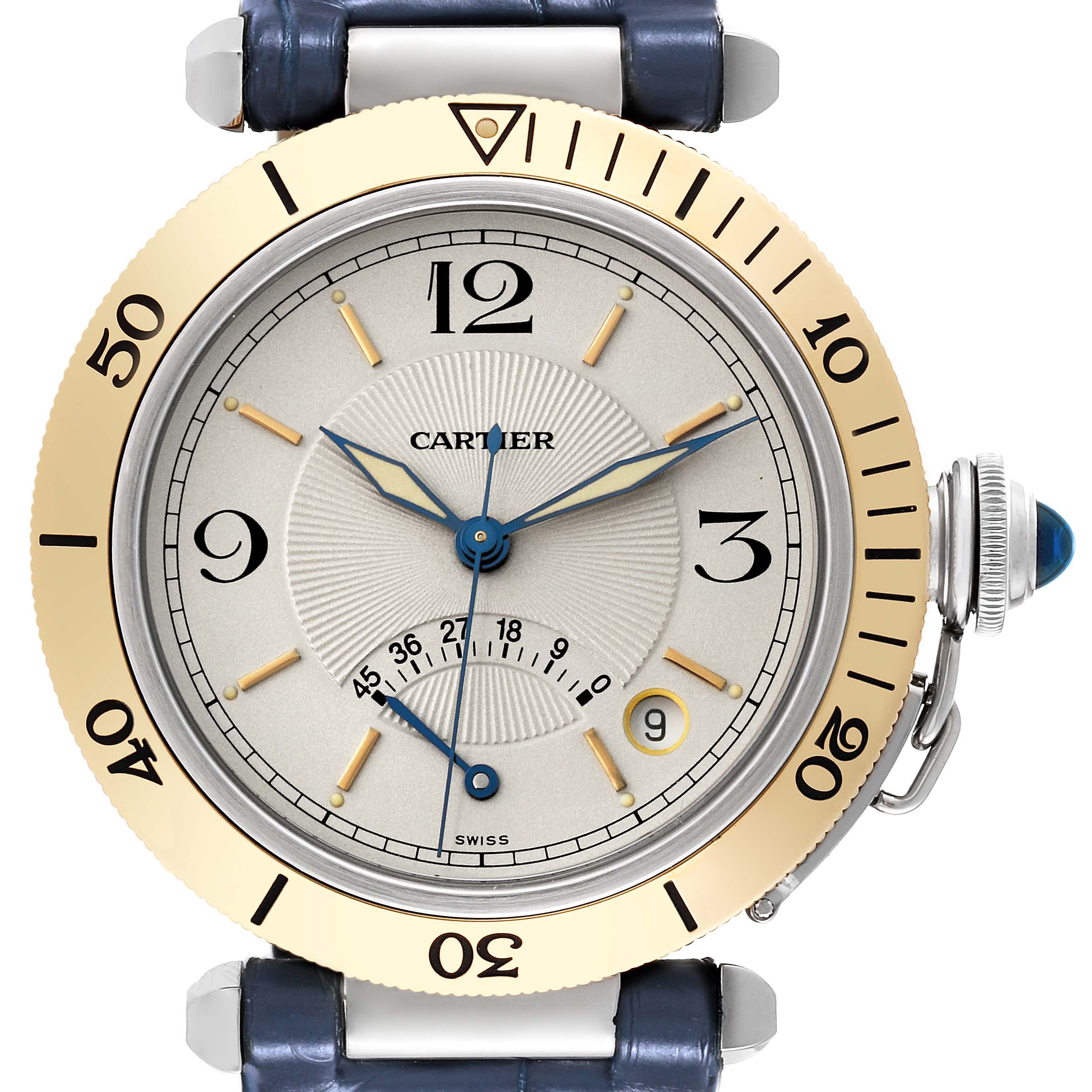 This image shows a front view of the Cartier Pasha W3101255 Men
s Stainless Steel Silver Dial W3101255 Men
s Stainless Steel Silver Dial watch displaying its dial, bezel, and crown.