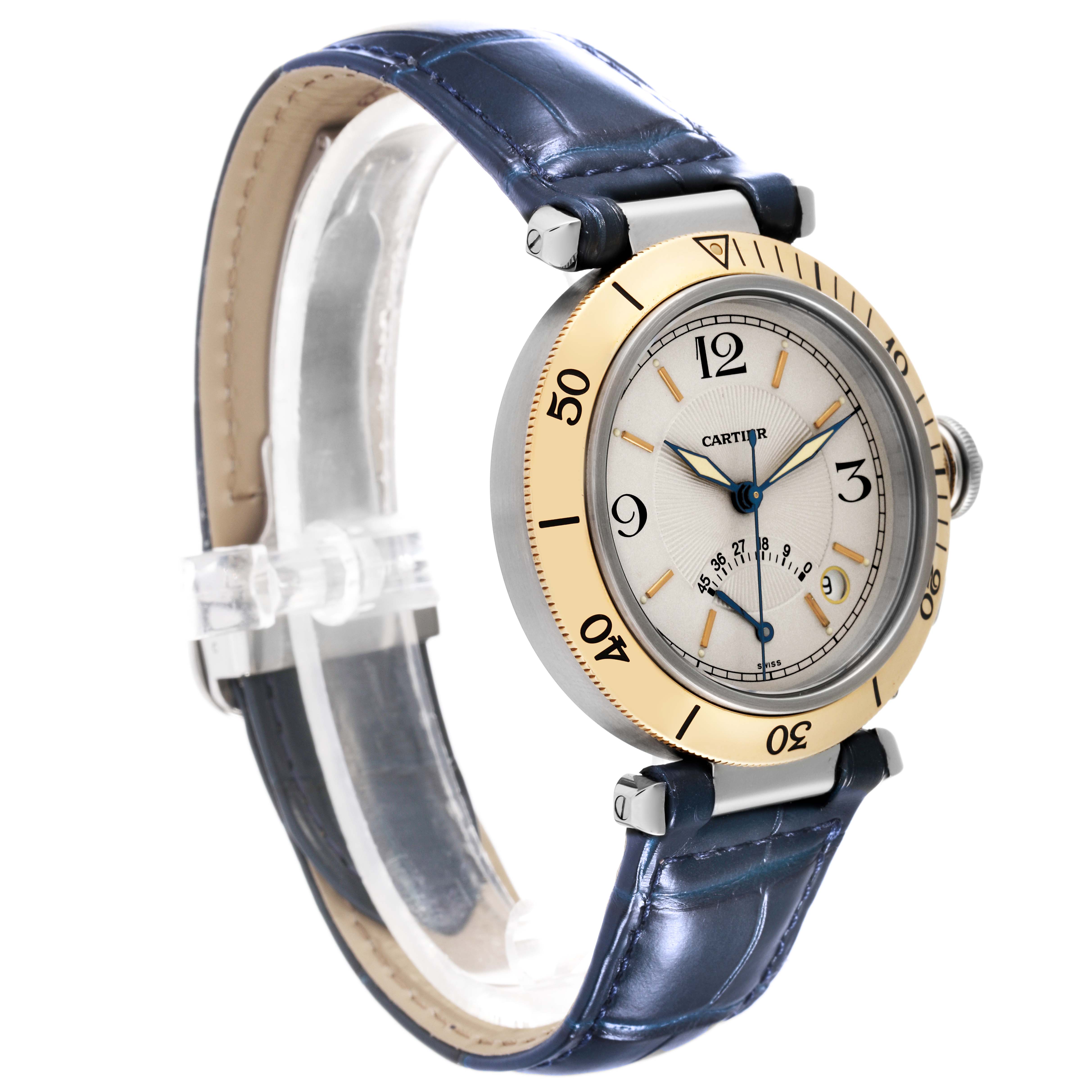 The Cartier Pasha W3101255 Men
s Stainless Steel Silver Dial W3101255 Men
s Stainless Steel Silver Dial model watch is shown at a side angle, highlighting its dial, bezel, and blue leather strap.