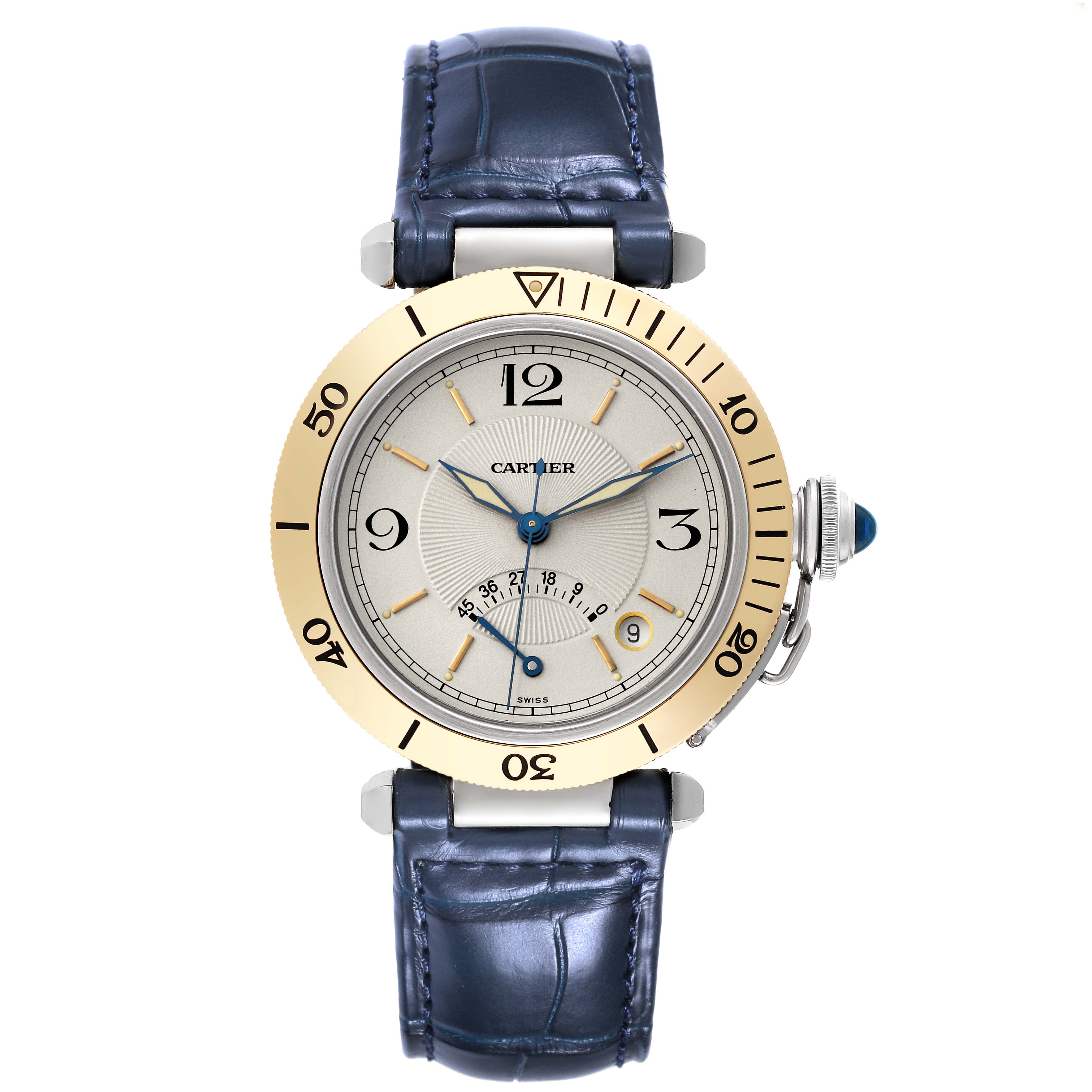 This image shows a frontal view of a Cartier Pasha W3101255 Men
s Stainless Steel Silver Dial W3101255 Men
s Stainless Steel Silver Dial watch, highlighting its dial, bezel, and strap.