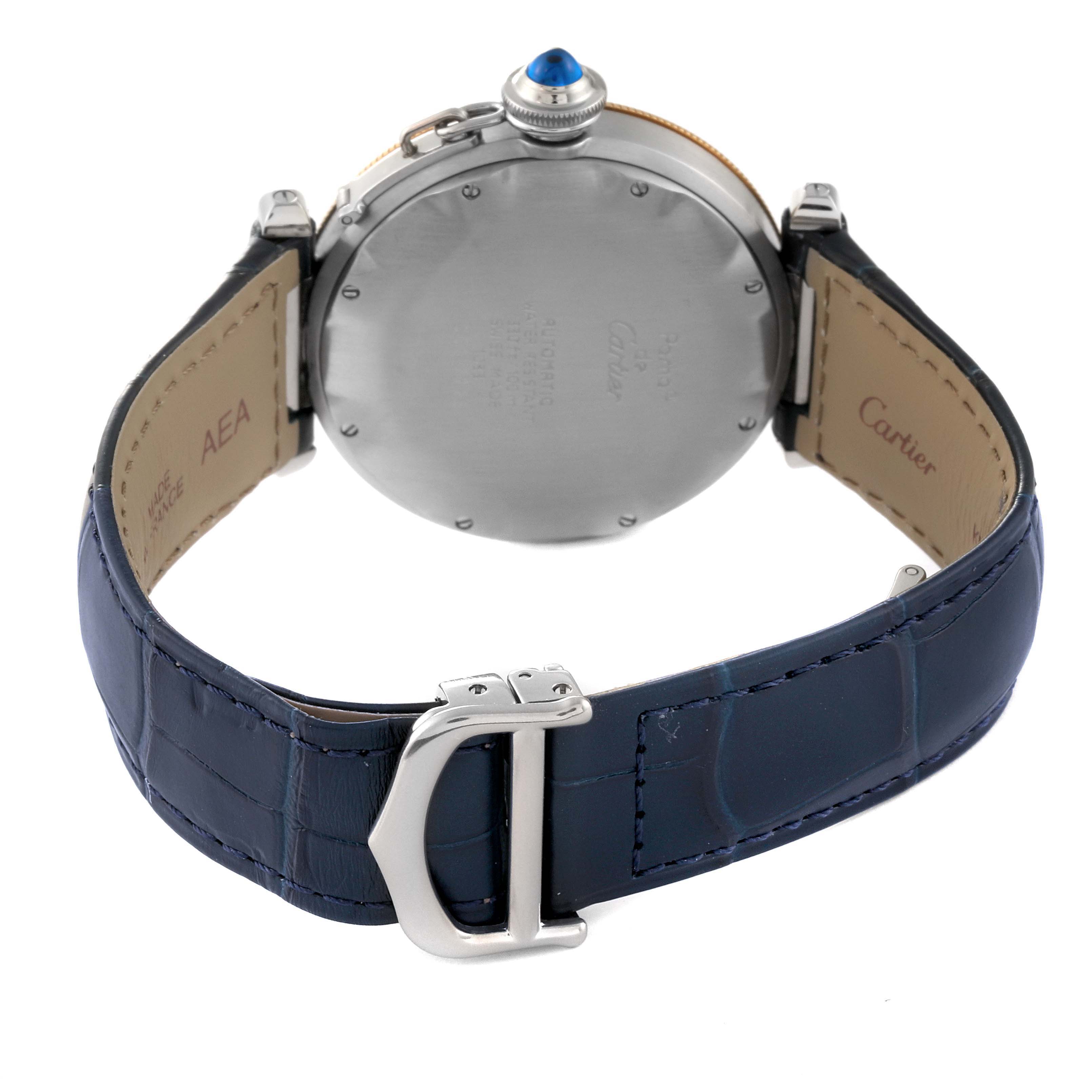 This Cartier Pasha W3101255 Men
s Stainless Steel Silver Dial W3101255 Men
s Stainless Steel Silver Dial watch is shown from the back, highlighting the case back, blue strap, and clasp.