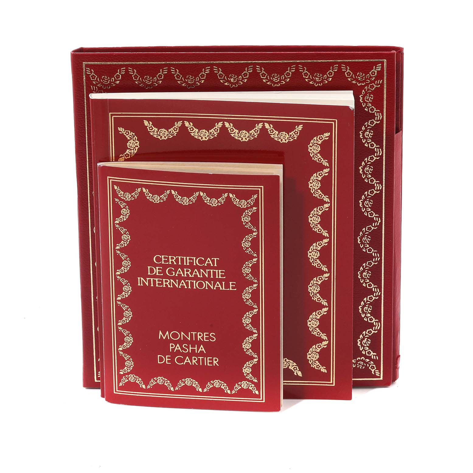 The image shows the guarantee certificate and packaging for the Pasha model by Cartier, displayed from the front.