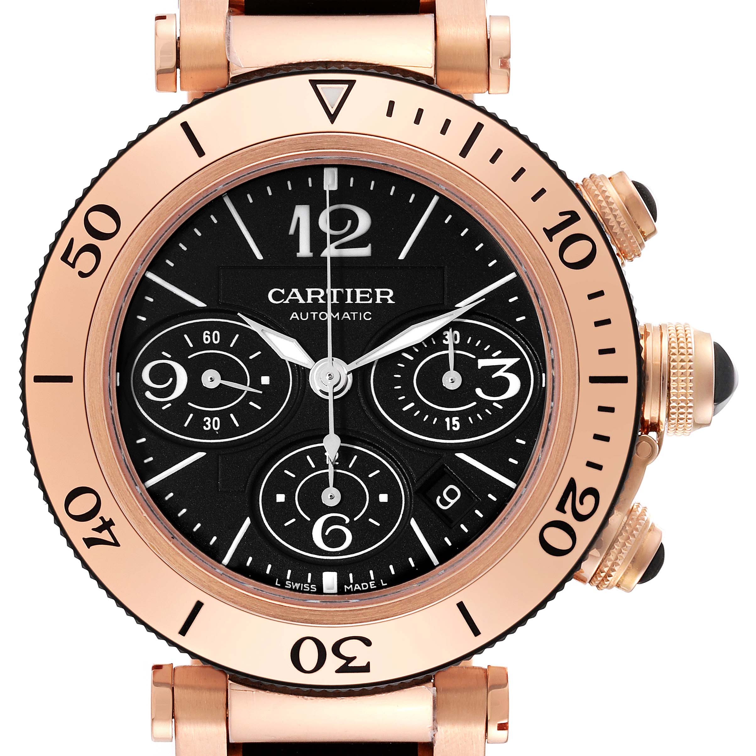 The image shows a frontal view of a Cartier Pasha 63483 Men's Rose Gold Black Dial 63483 Men's Rose Gold Black Dial model watch, highlighting its dial, bezel, and side buttons.