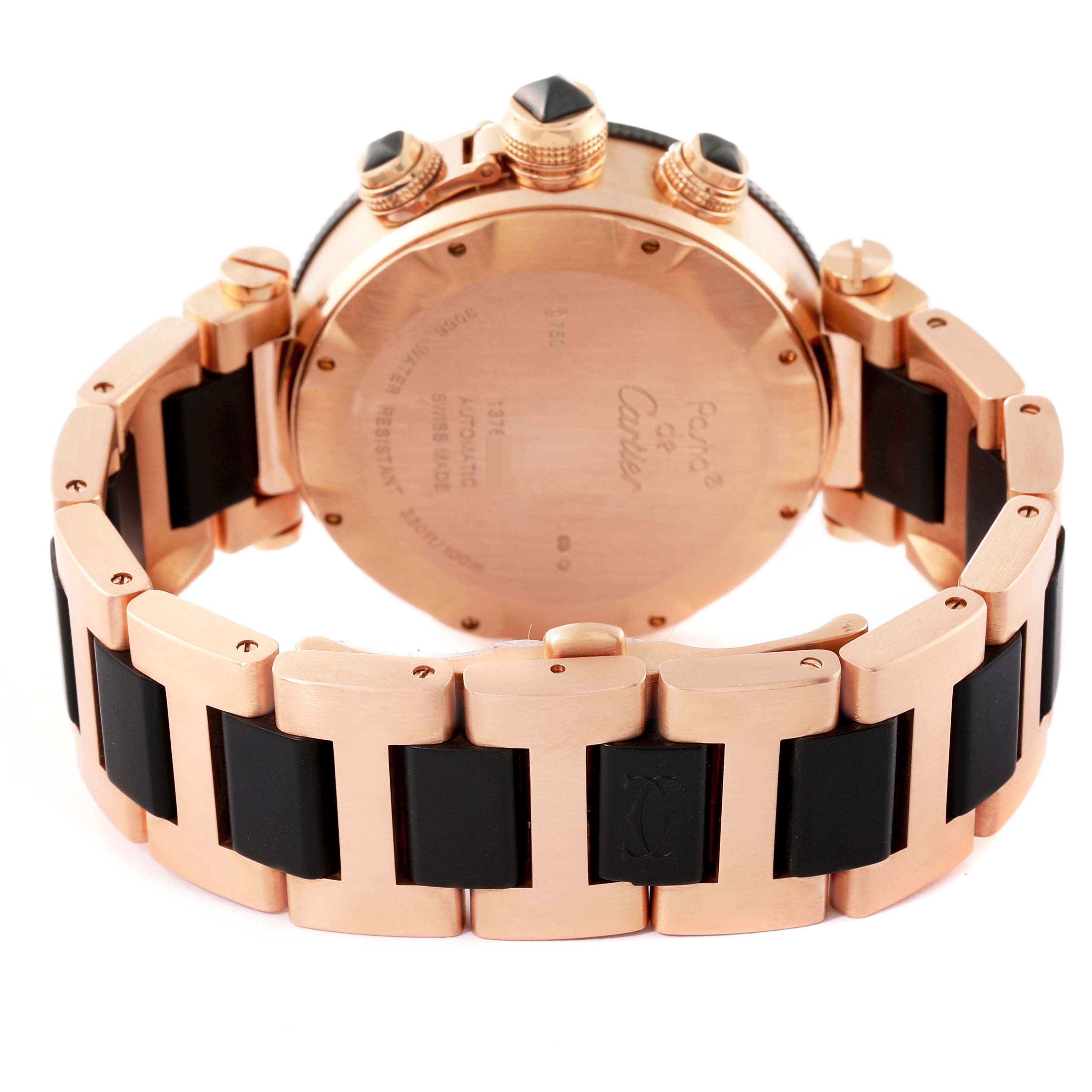 The image shows the back and part of the strap of the Cartier Pasha 63483 Men's Rose Gold Black Dial 63483 Men's Rose Gold Black Dial watch with a rose gold finish and black accents.