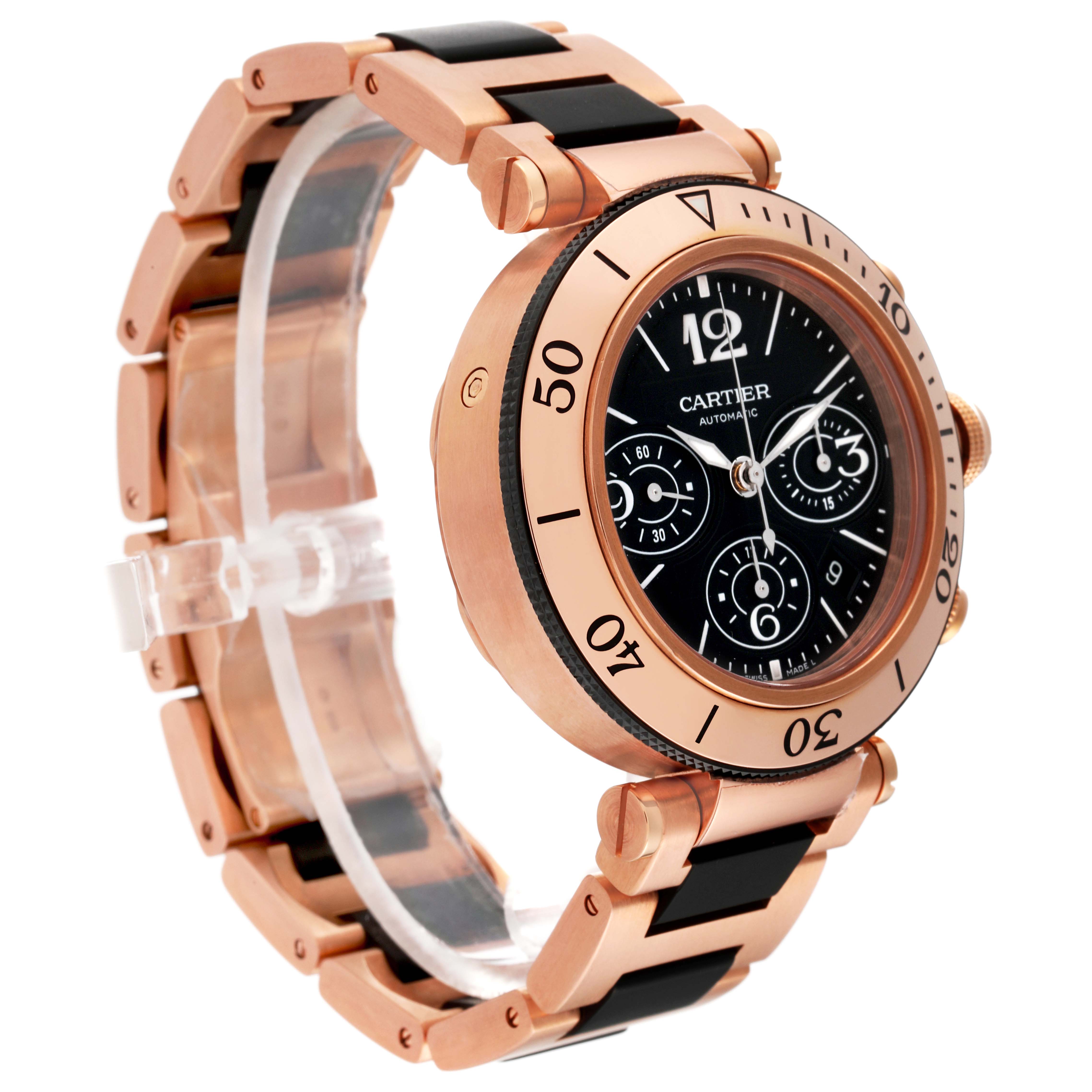 The image shows a side angle of the Cartier Pasha 63483 Men's Rose Gold Black Dial 63483 Men's Rose Gold Black Dial model watch displaying its rose gold case, bezel, black dial, and two-tone bracelet.