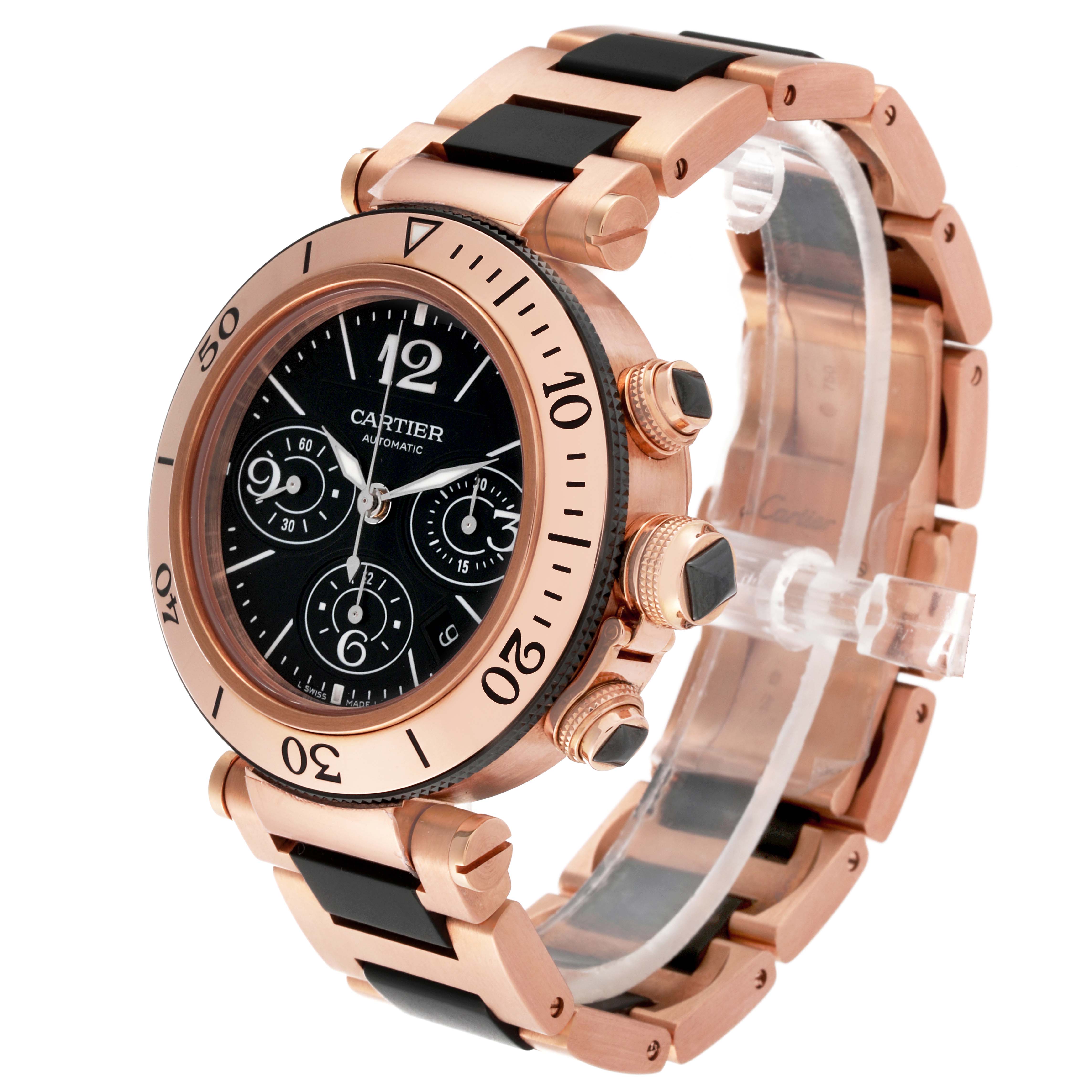 This image shows a side angle view of the Cartier Pasha 63483 Men's Rose Gold Black Dial 63483 Men's Rose Gold Black Dial model watch, highlighting the face, bezel, and metal band.