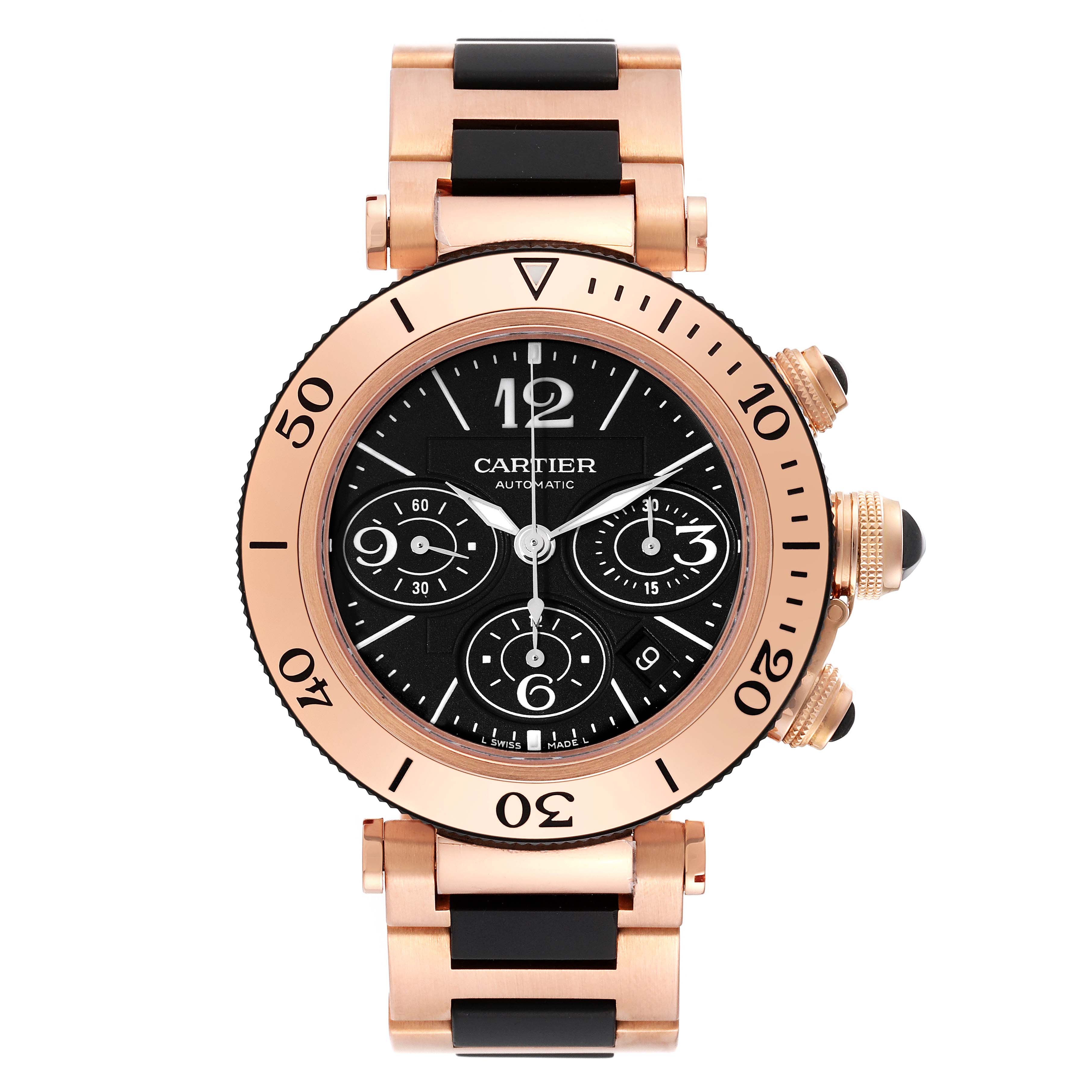 The image shows a Cartier Pasha 63483 Men's Rose Gold Black Dial 63483 Men's Rose Gold Black Dial watch taken from the front, displaying the dial and part of the bracelet.