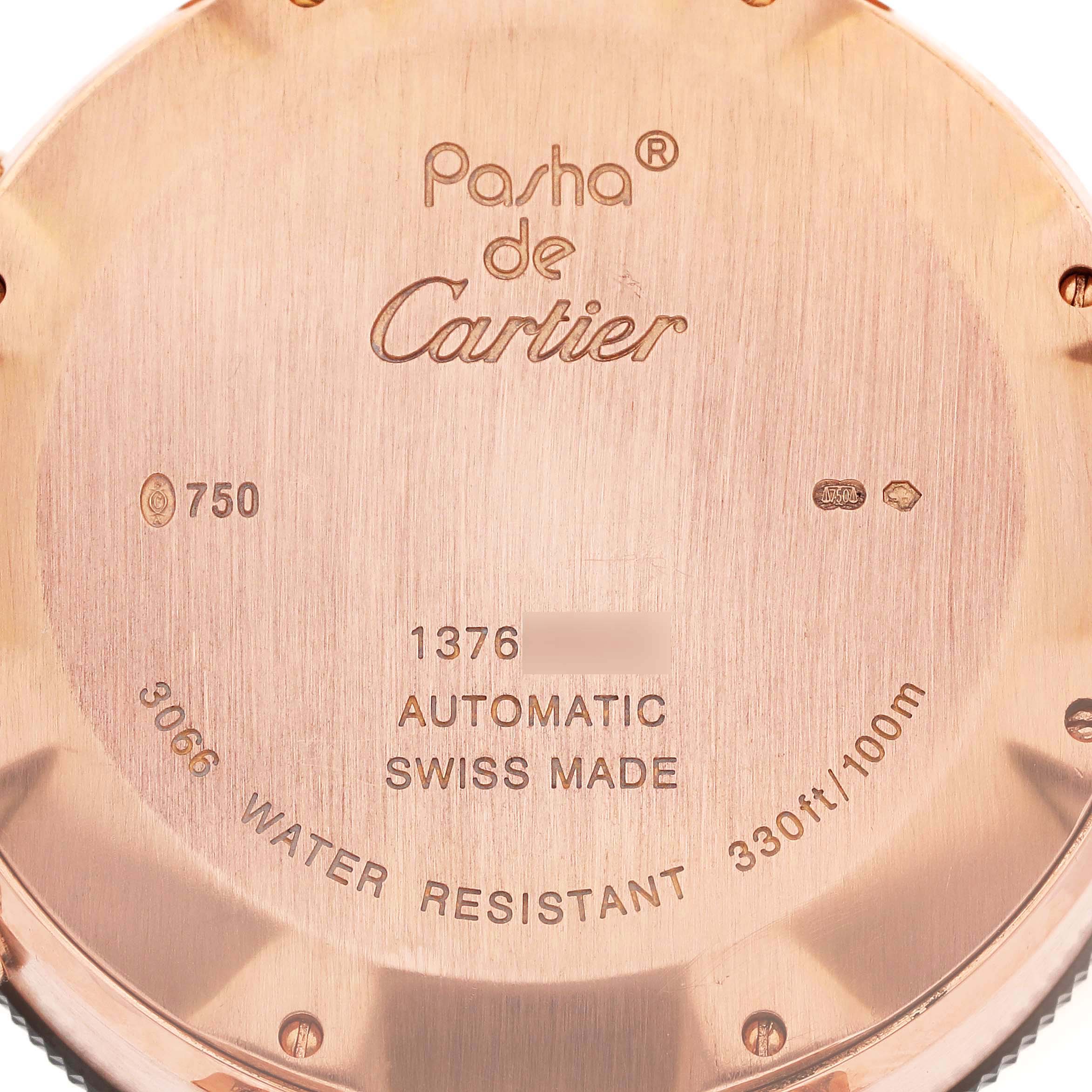 This image shows the back case of a Cartier Pasha 63483 Men's Rose Gold Black Dial 63483 Men's Rose Gold Black Dial watch, displaying model and brand engravings.