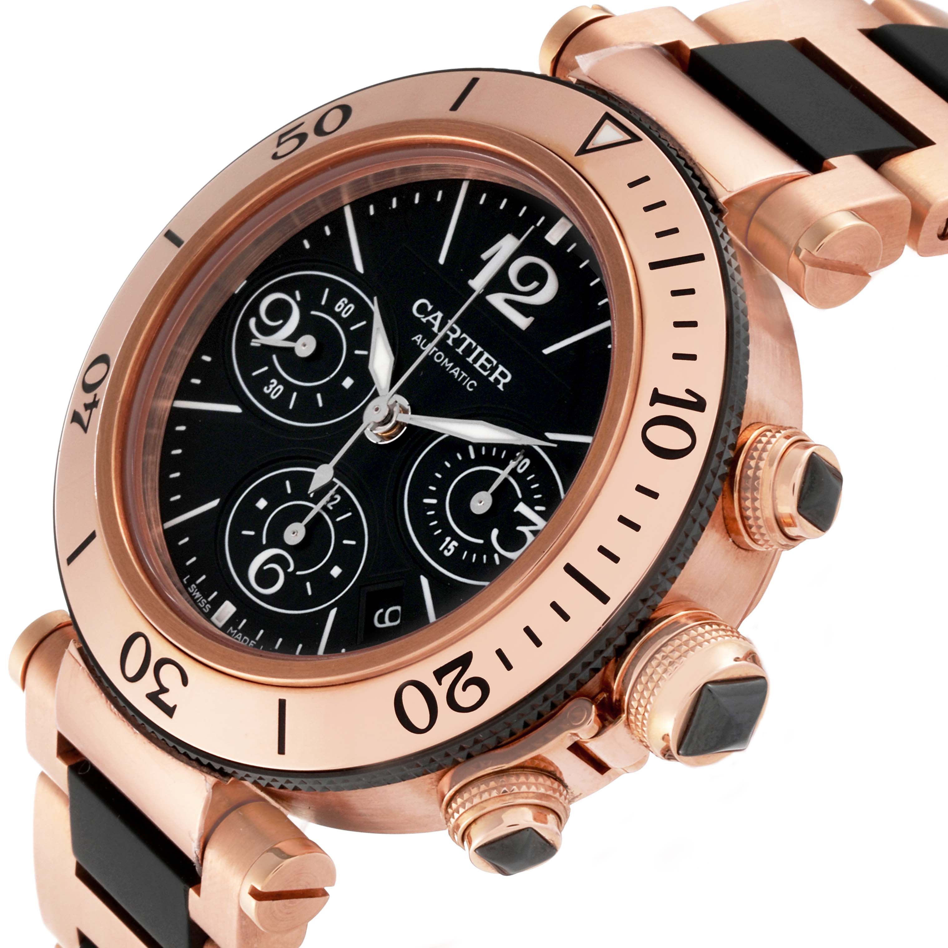 The image shows a close-up angled view of a Cartier Pasha 63483 Men's Rose Gold Black Dial 63483 Men's Rose Gold Black Dial watch, highlighting the bezel, dial, and part of the bracelet.