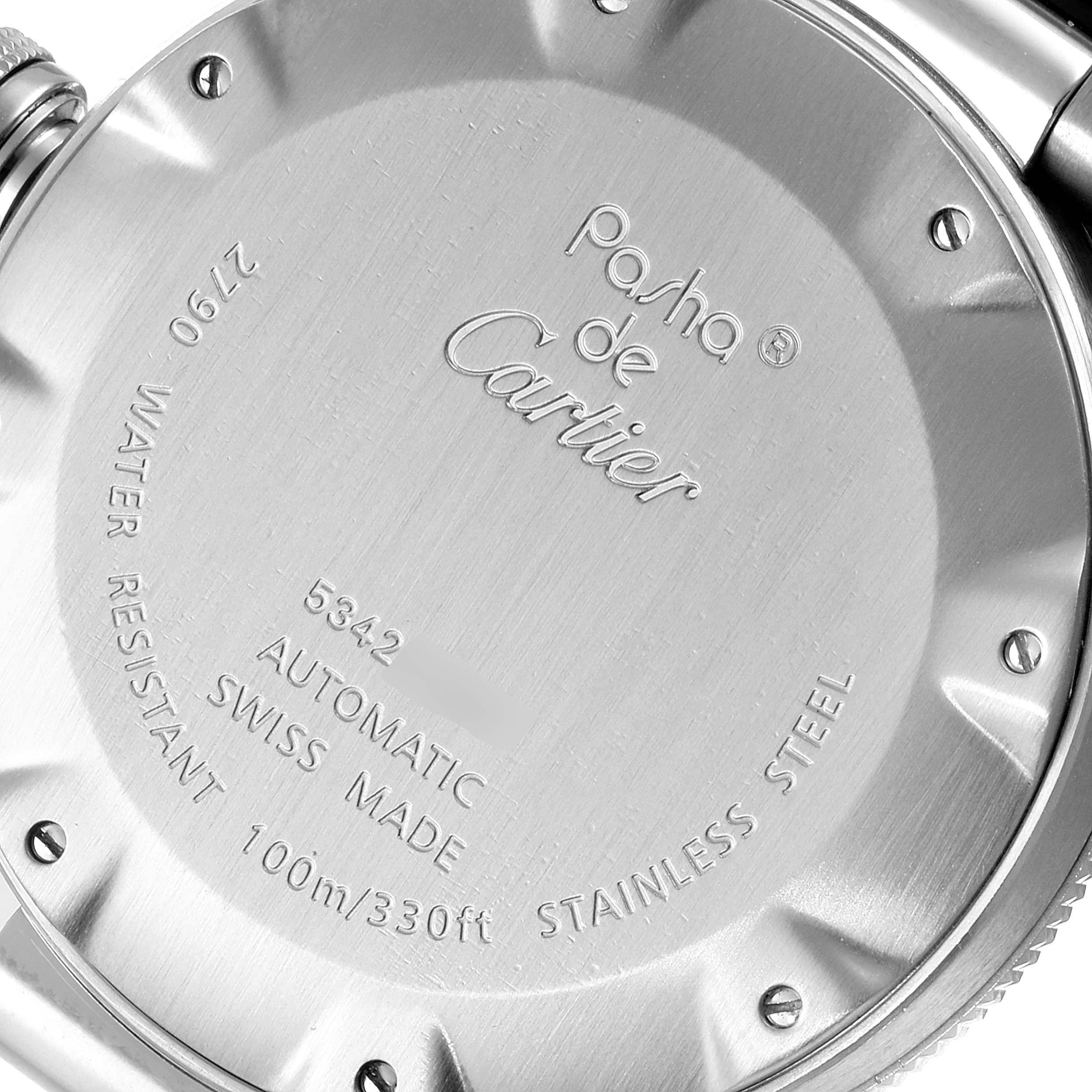 The image shows the stainless steel back casing of a Cartier Pasha W31080M7 Men
s Stainless Steel Silver Dial W31080M7 Men
s Stainless Steel Silver Dial watch, detailing its specifications and water resistance.