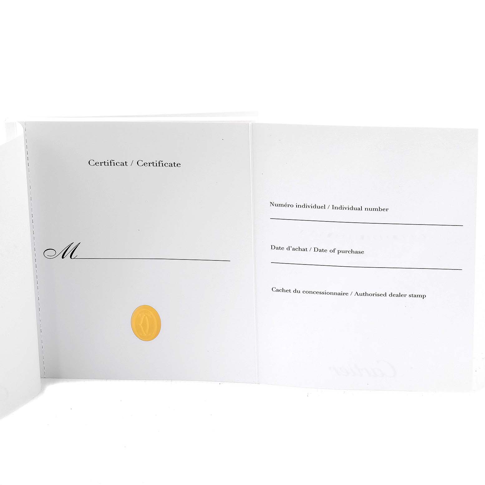 This image shows the certification card for the Cartier Pasha W31080M7 Men
s Stainless Steel Silver Dial W31080M7 Men
s Stainless Steel Silver Dial watch, displaying sections for individual number, purchase date, and dealer stamp.