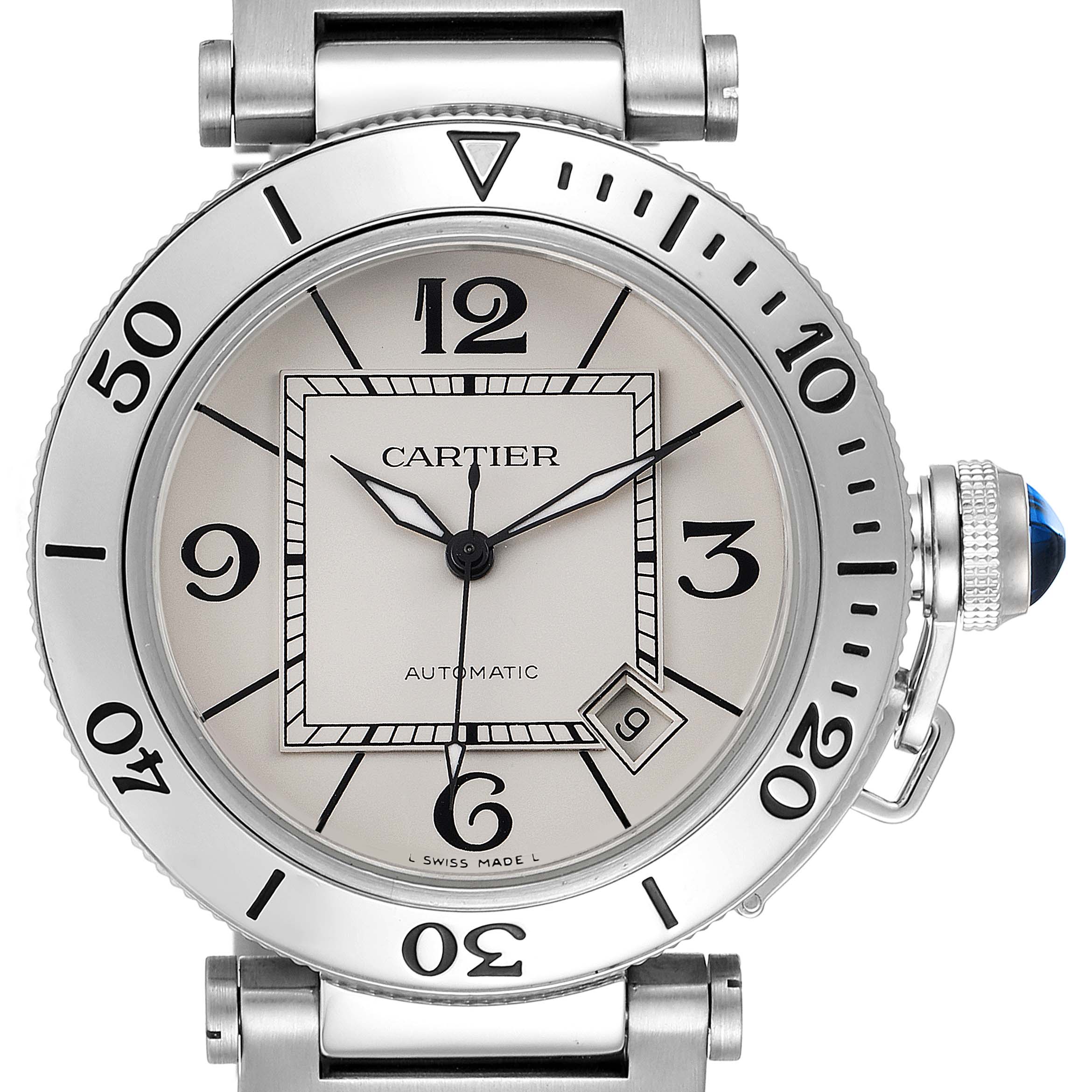 This image shows a front-facing view of a Cartier Pasha W31080M7 Men
s Stainless Steel Silver Dial W31080M7 Men
s Stainless Steel Silver Dial watch, highlighting its dial, bezel, and crown.