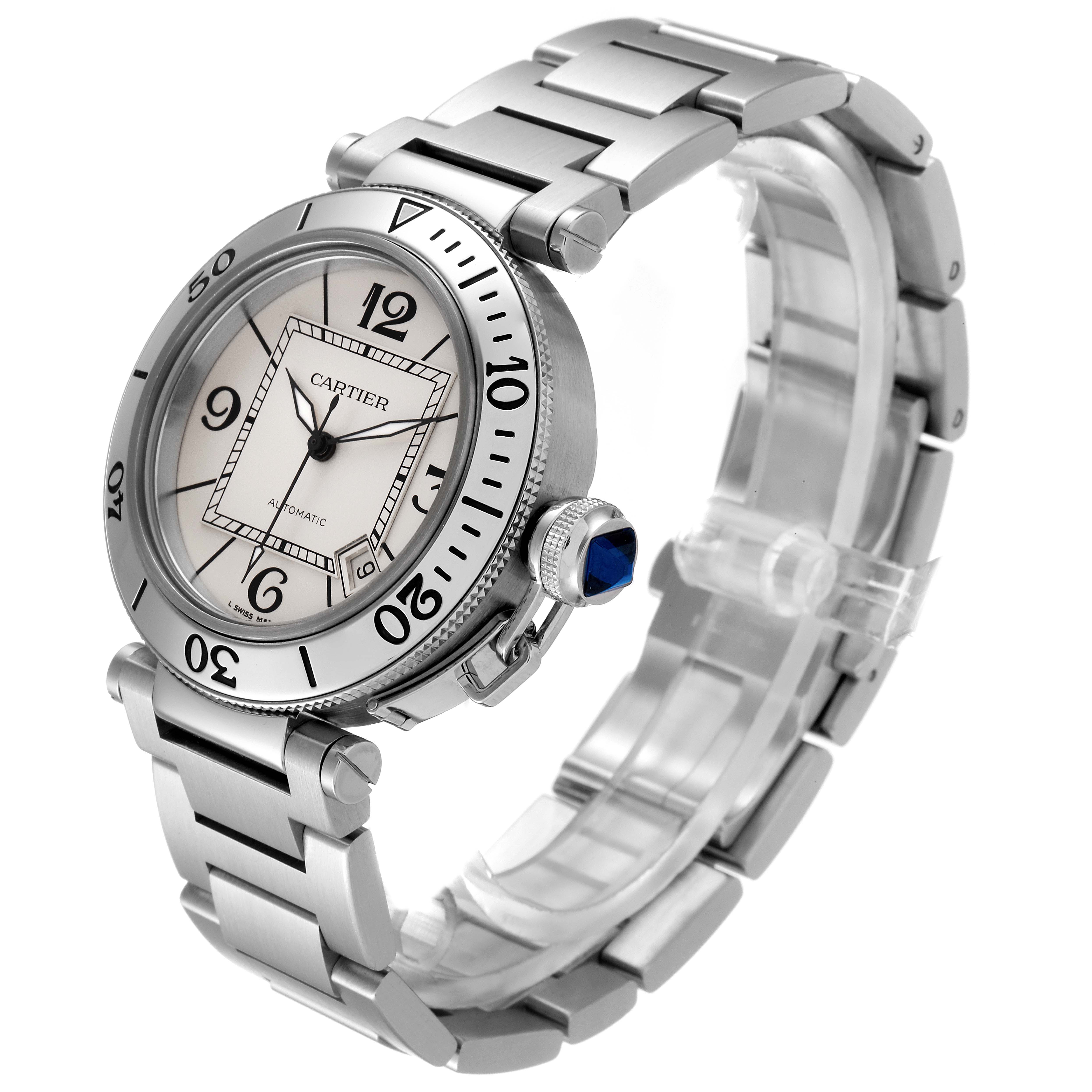 The image shows a side angle view of the Cartier Pasha W31080M7 Men
s Stainless Steel Silver Dial W31080M7 Men
s Stainless Steel Silver Dial model watch, highlighting the face, bezel, bracelet, and crown.