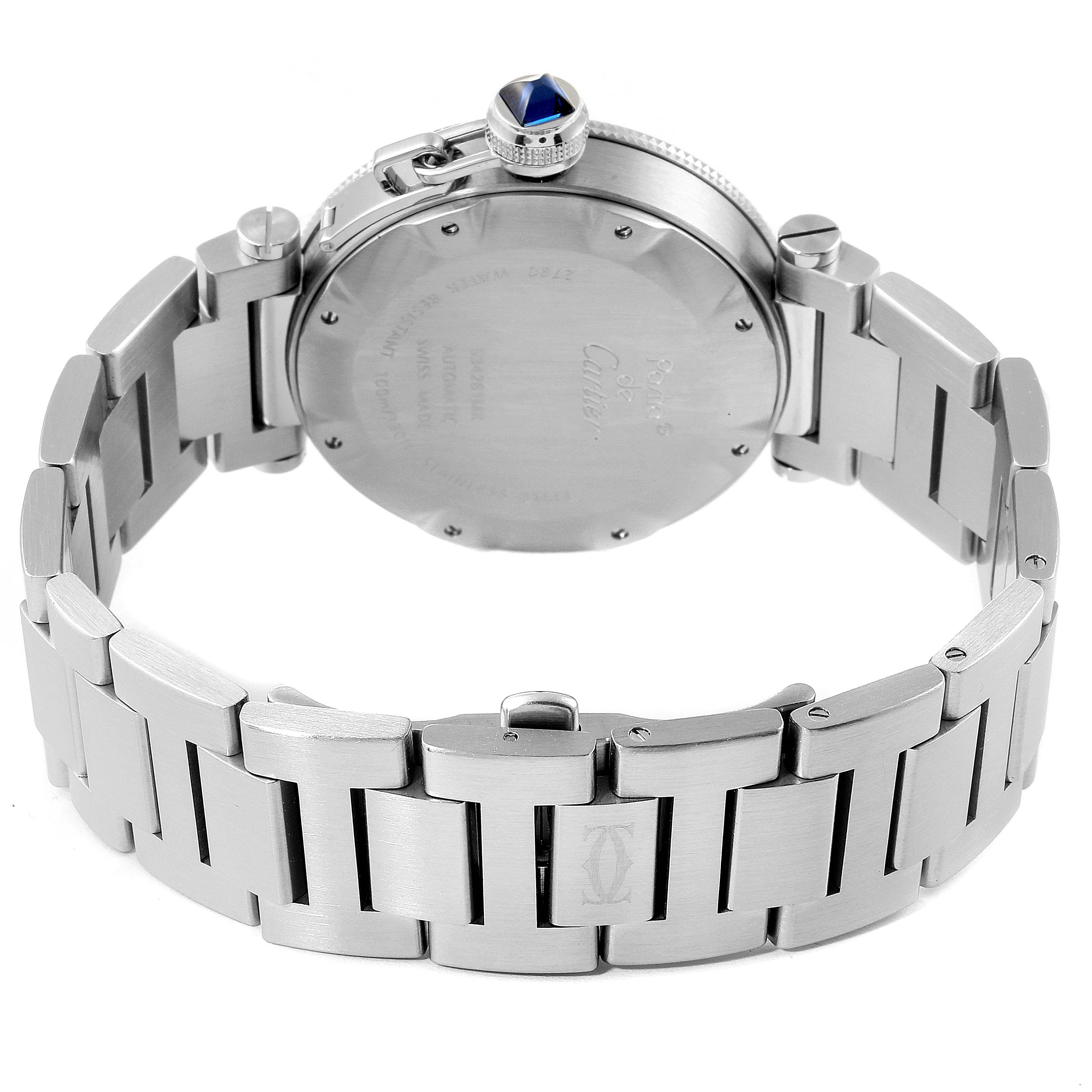 This image shows the back of a Cartier Pasha W31080M7 Men
s Stainless Steel Silver Dial W31080M7 Men
s Stainless Steel Silver Dial model watch, including the case, bracelet, and clasp.