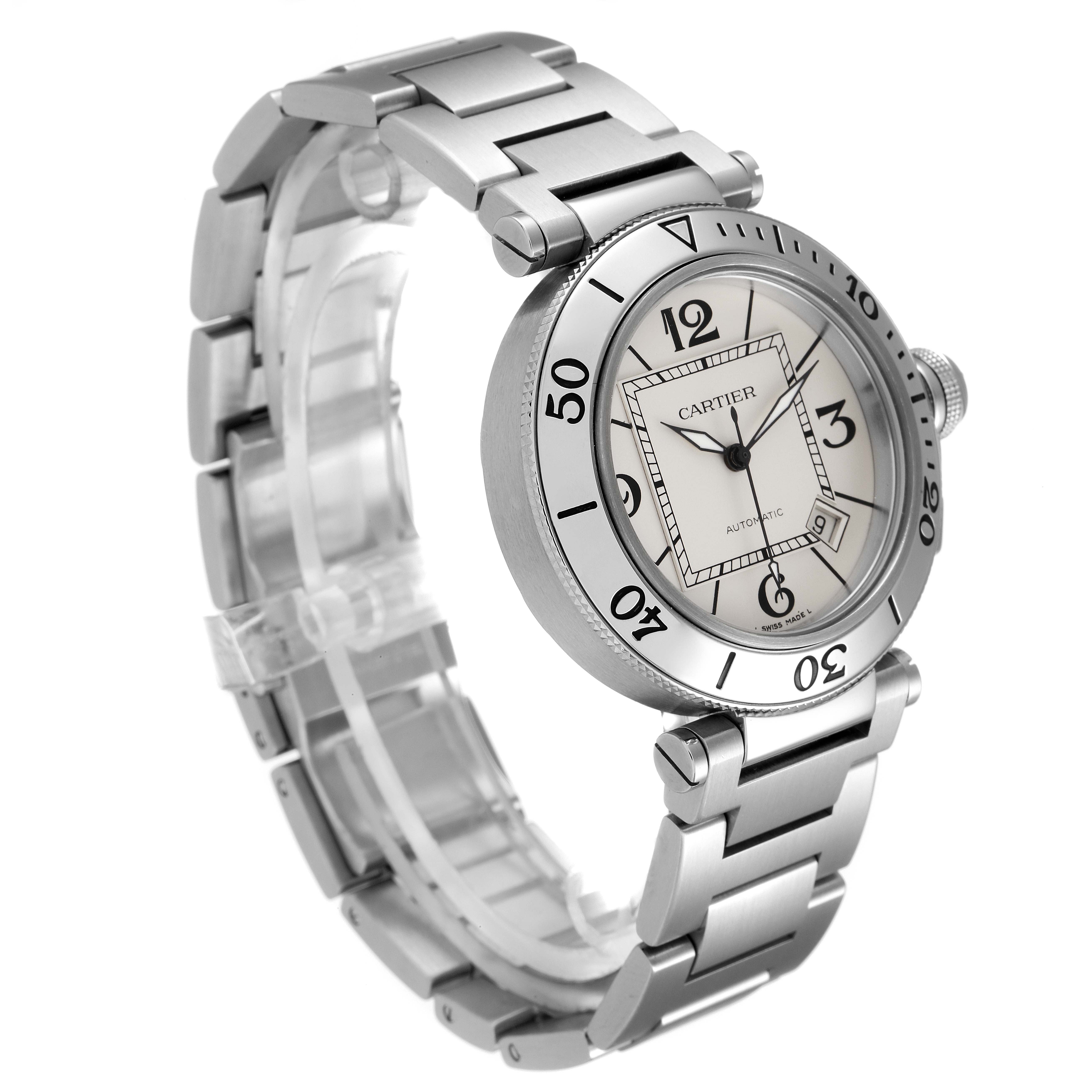 The Cartier Pasha W31080M7 Men
s Stainless Steel Silver Dial W31080M7 Men
s Stainless Steel Silver Dial watch is shown at a three-quarter angle, displaying the face, bezel, and bracelet.