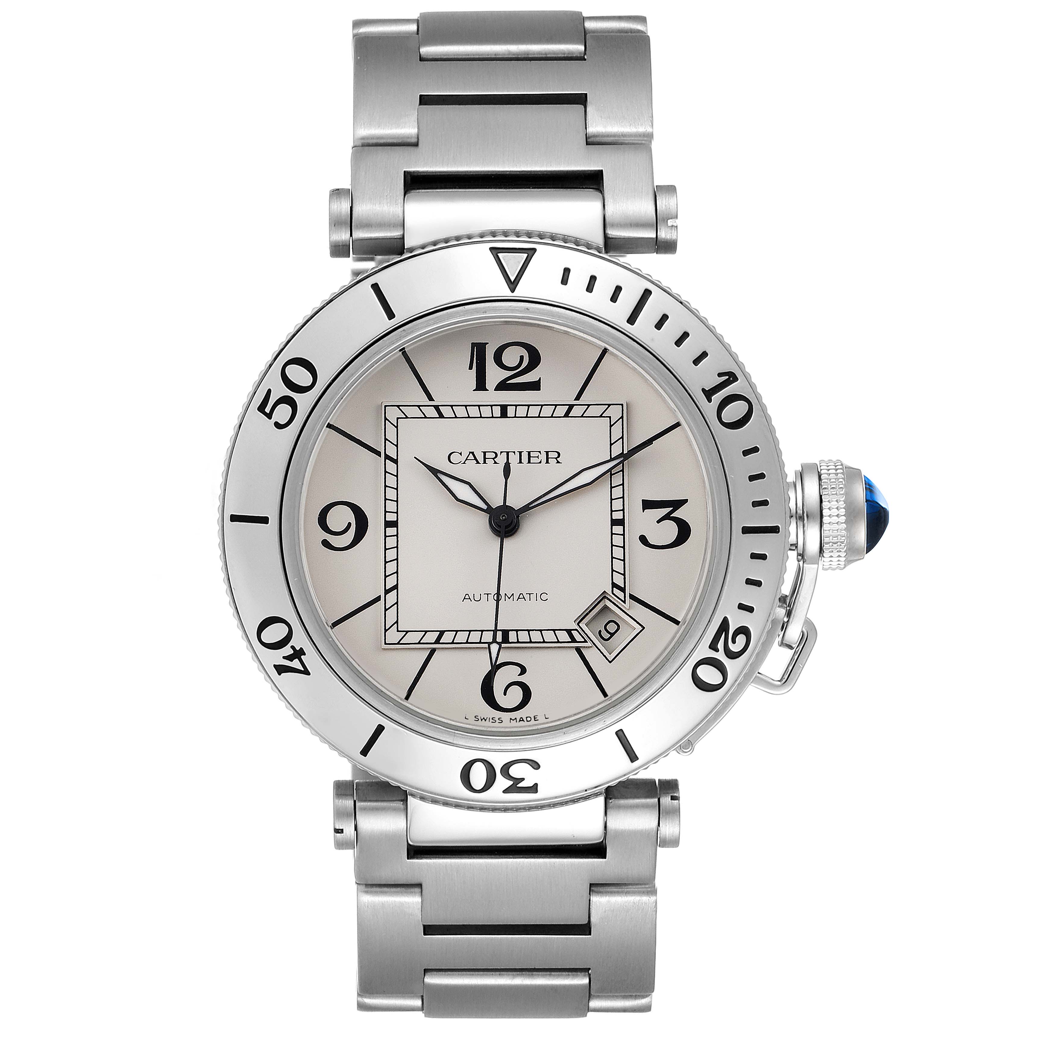 The image shows a front view of a Cartier Pasha W31080M7 Men
s Stainless Steel Silver Dial W31080M7 Men
s Stainless Steel Silver Dial model watch, displaying the dial and silver metal bracelet.
