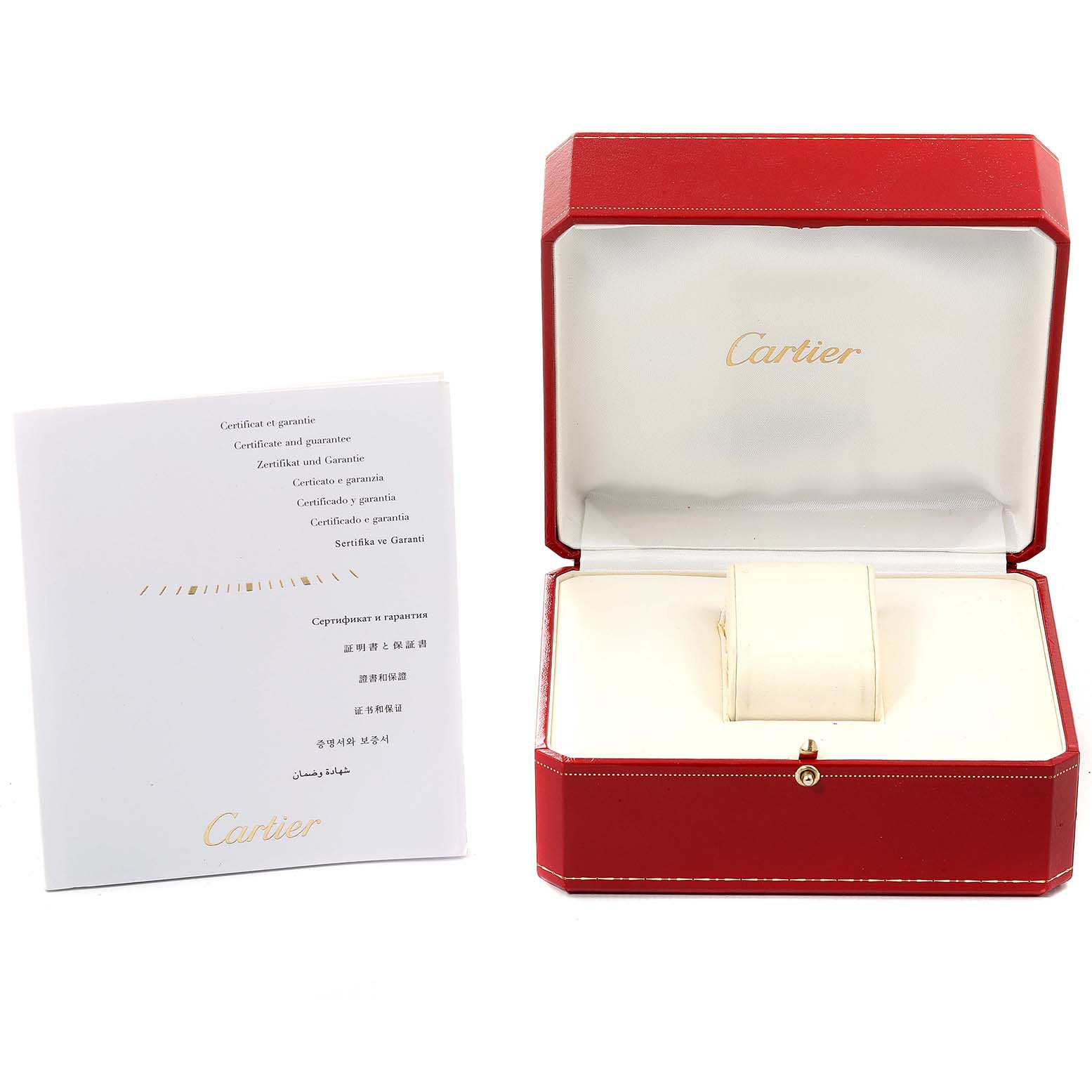 The image shows a Cartier Pasha W31080M7 Men
s Stainless Steel Silver Dial W31080M7 Men
s Stainless Steel Silver Dial watch box and a booklet from a front angle.