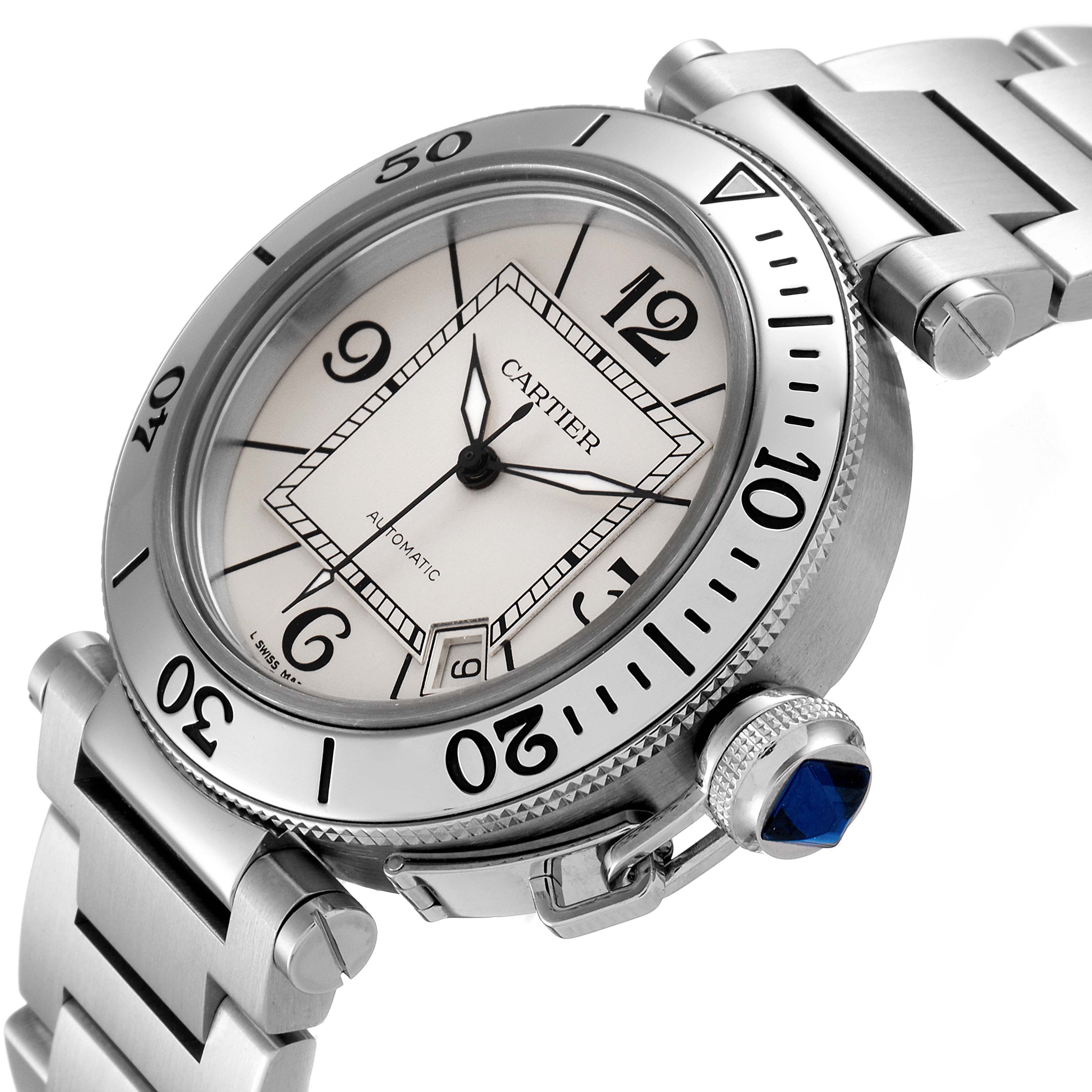 The image shows a Cartier Pasha W31080M7 Men
s Stainless Steel Silver Dial W31080M7 Men
s Stainless Steel Silver Dial watch at an angle highlighting the face, bezel, and part of the bracelet with the crown and cabochon.