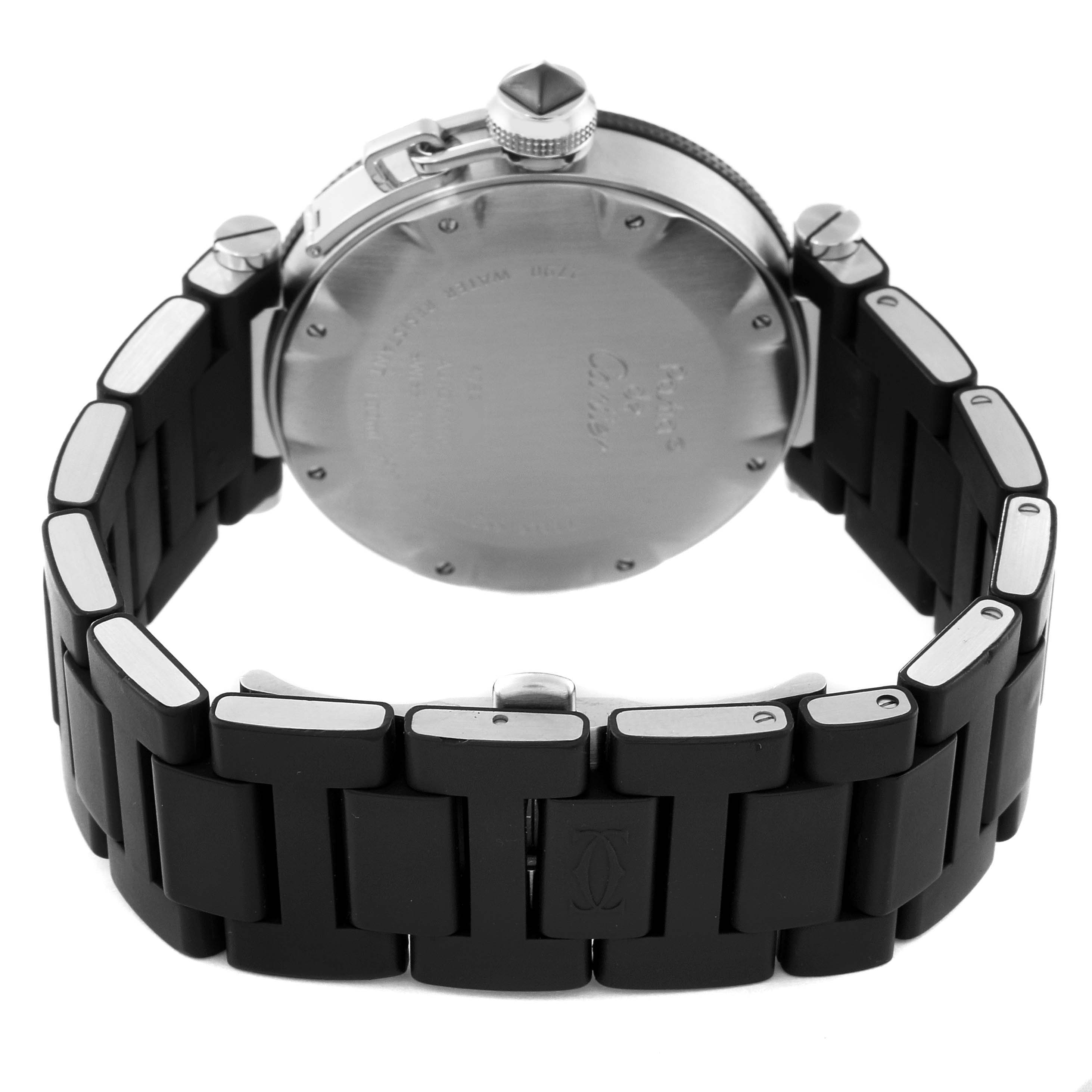 This image shows the back of the Cartier Pasha 63249 Men
s Stainless Steel Black Dial 63249 Men
s Stainless Steel Black Dial watch and part of its black metal bracelet.