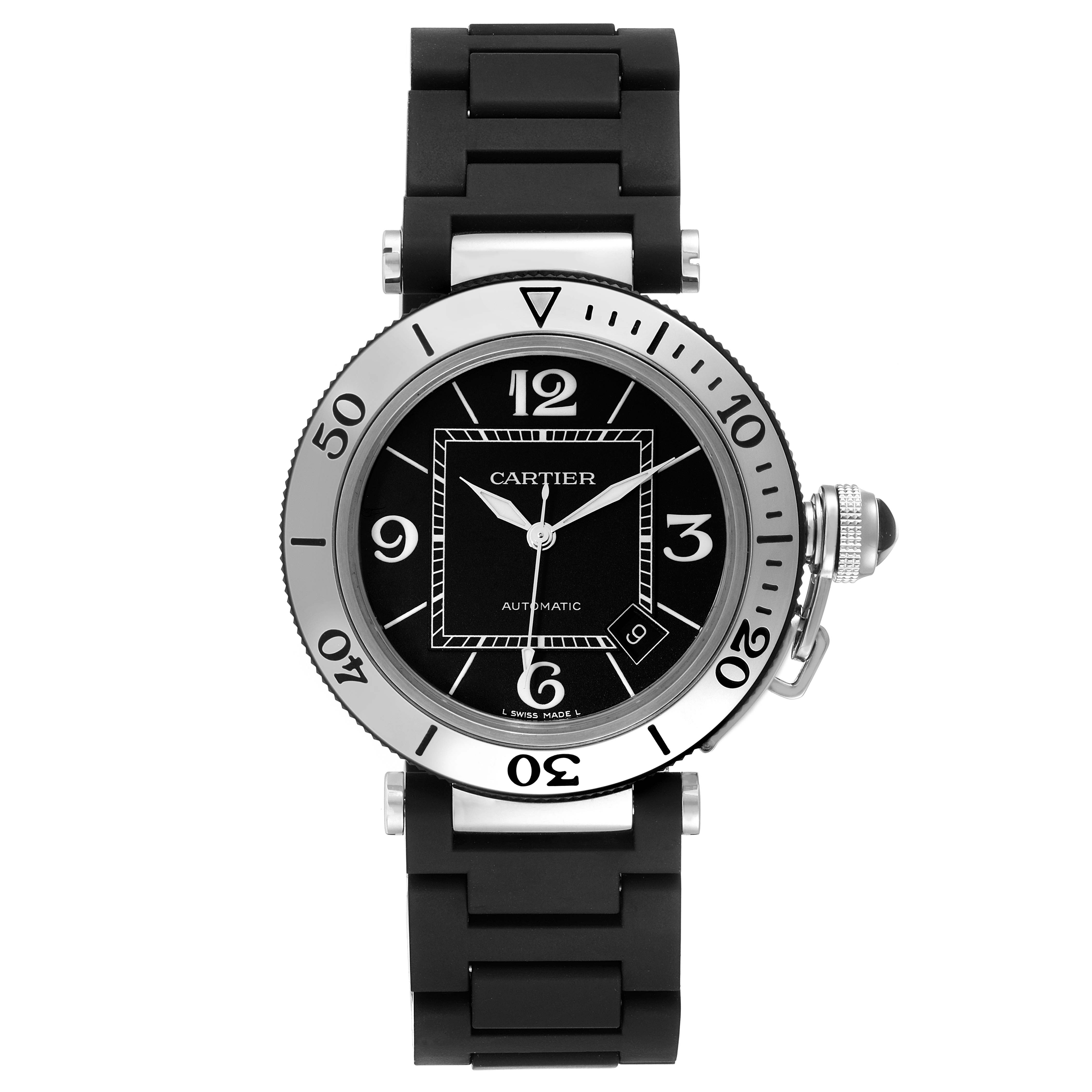 The image shows a front view of the Cartier Pasha 63249 Men
s Stainless Steel Black Dial 63249 Men
s Stainless Steel Black Dial watch, highlighting its face, bezel, and a portion of the strap.