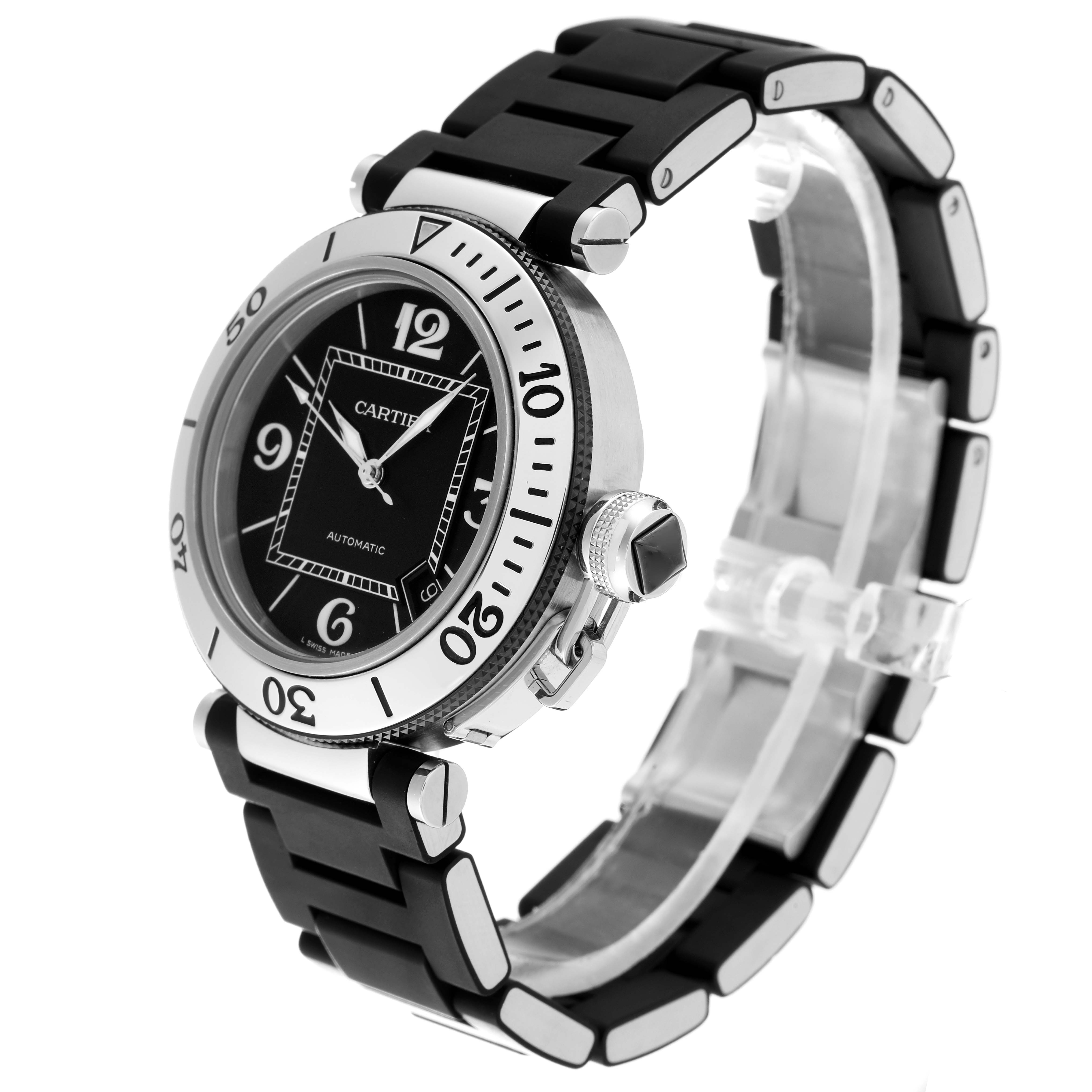 The image shows a Cartier Pasha 63249 Men
s Stainless Steel Black Dial 63249 Men
s Stainless Steel Black Dial watch at an angled side view, displaying the face, bezel, crown, and part of the bracelet.
