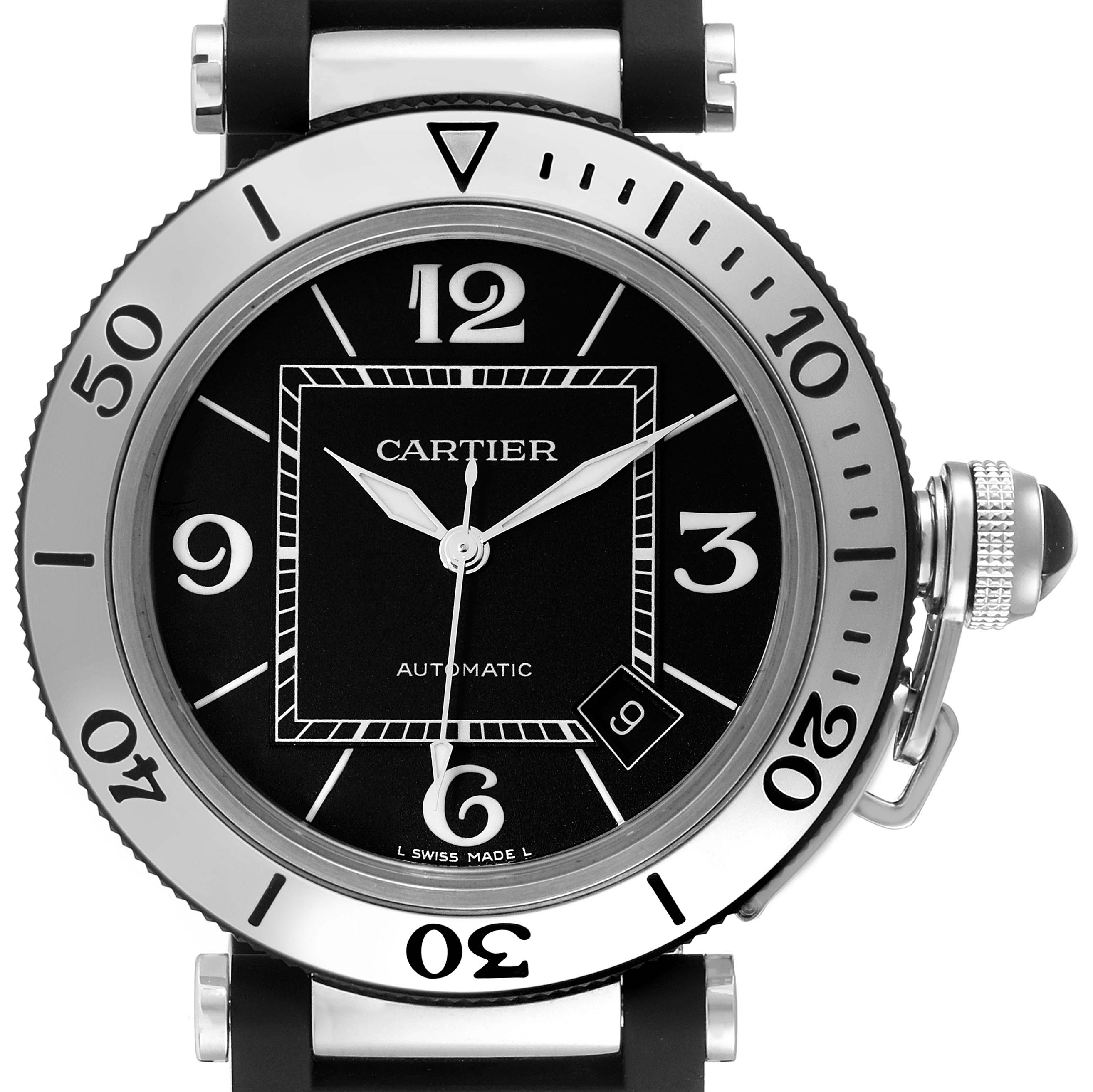 The image shows a front view of the Cartier Pasha 63249 Men
s Stainless Steel Black Dial 63249 Men
s Stainless Steel Black Dial watch, highlighting the dial, bezel, and crown.