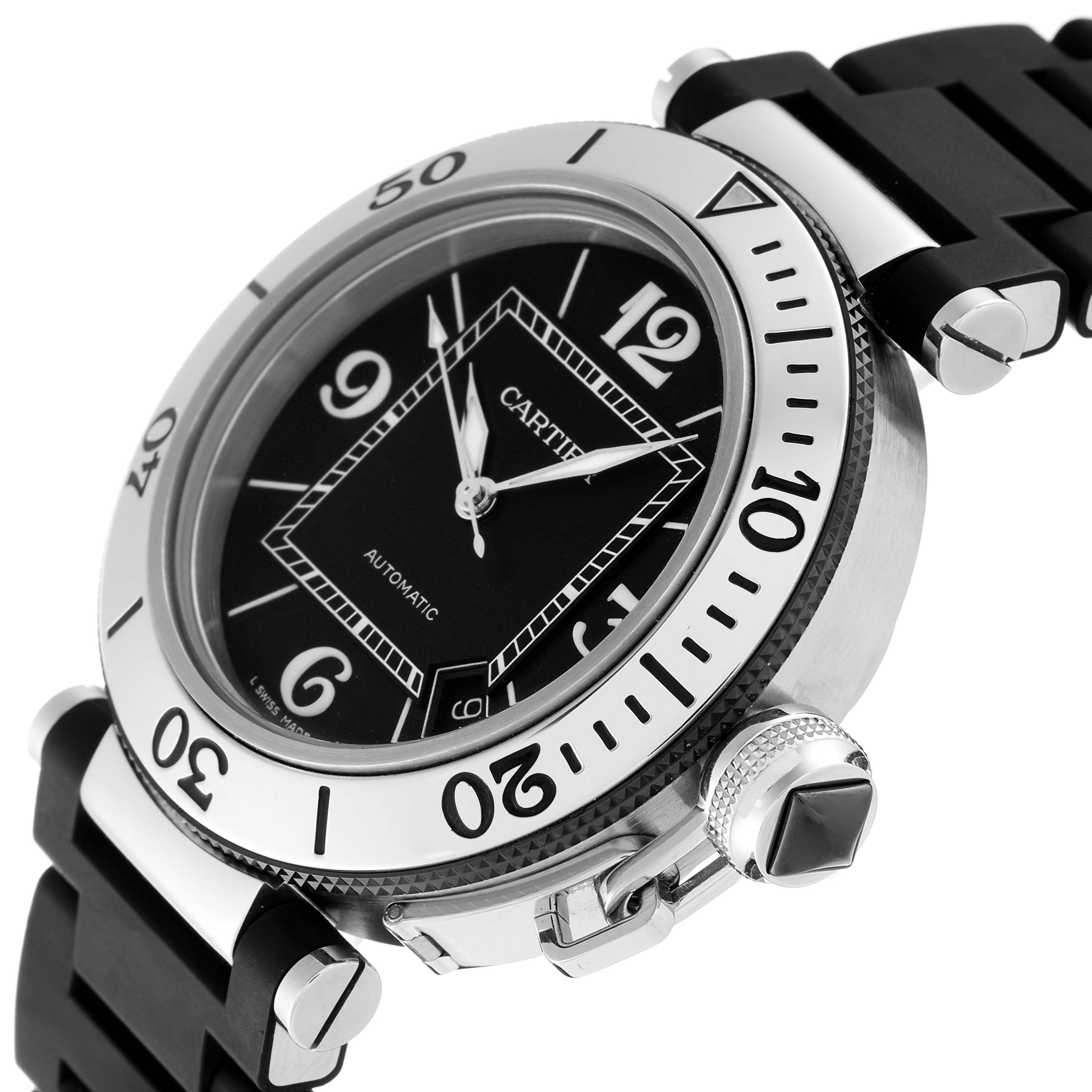 The image shows a side-angle view of the Cartier Pasha 63249 Men
s Stainless Steel Black Dial 63249 Men
s Stainless Steel Black Dial model watch, highlighting the face, bezel, crown, and strap.