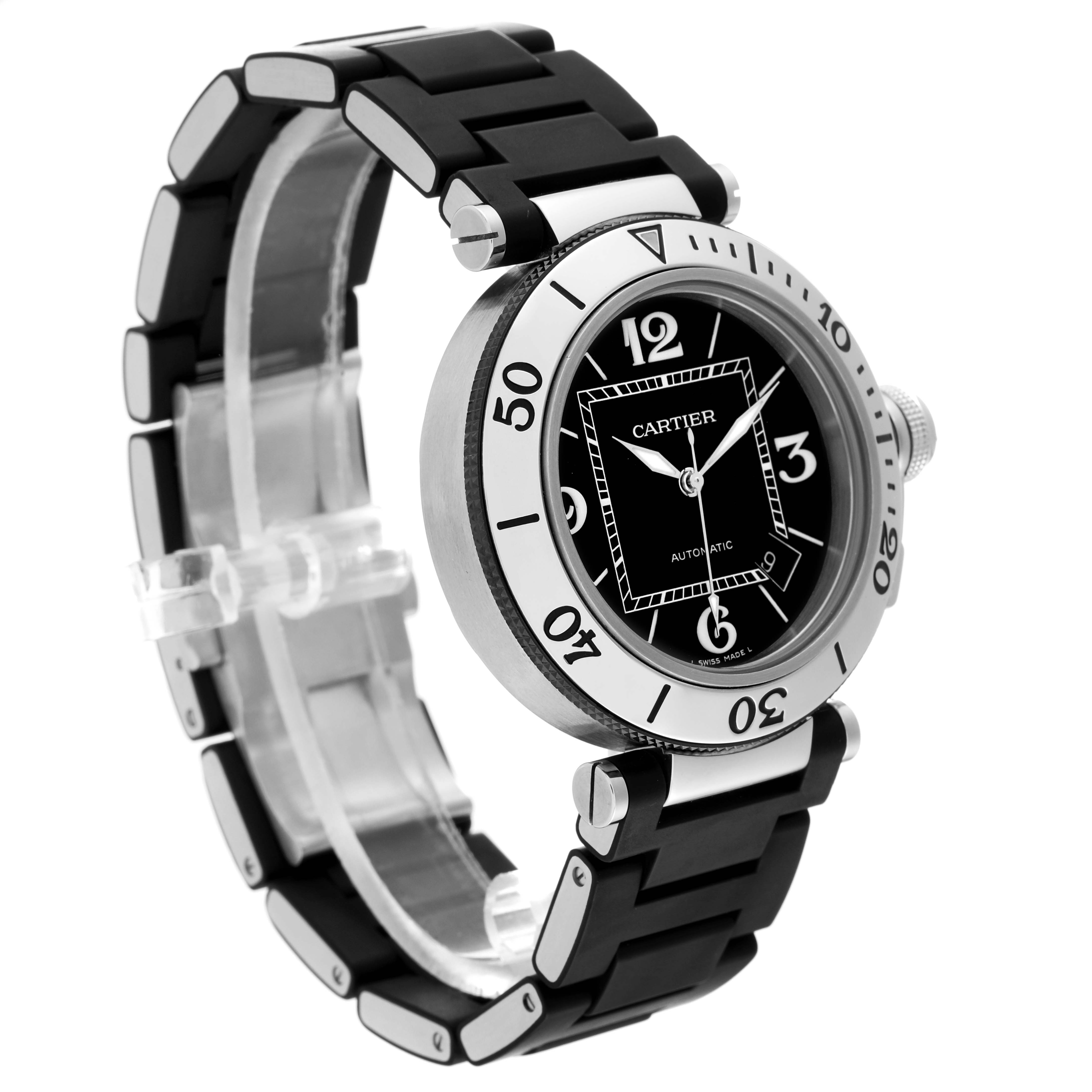 The image shows a side angle of the Cartier Pasha 63249 Men
s Stainless Steel Black Dial 63249 Men
s Stainless Steel Black Dial model watch, highlighting the bezel, dial, and black strap.