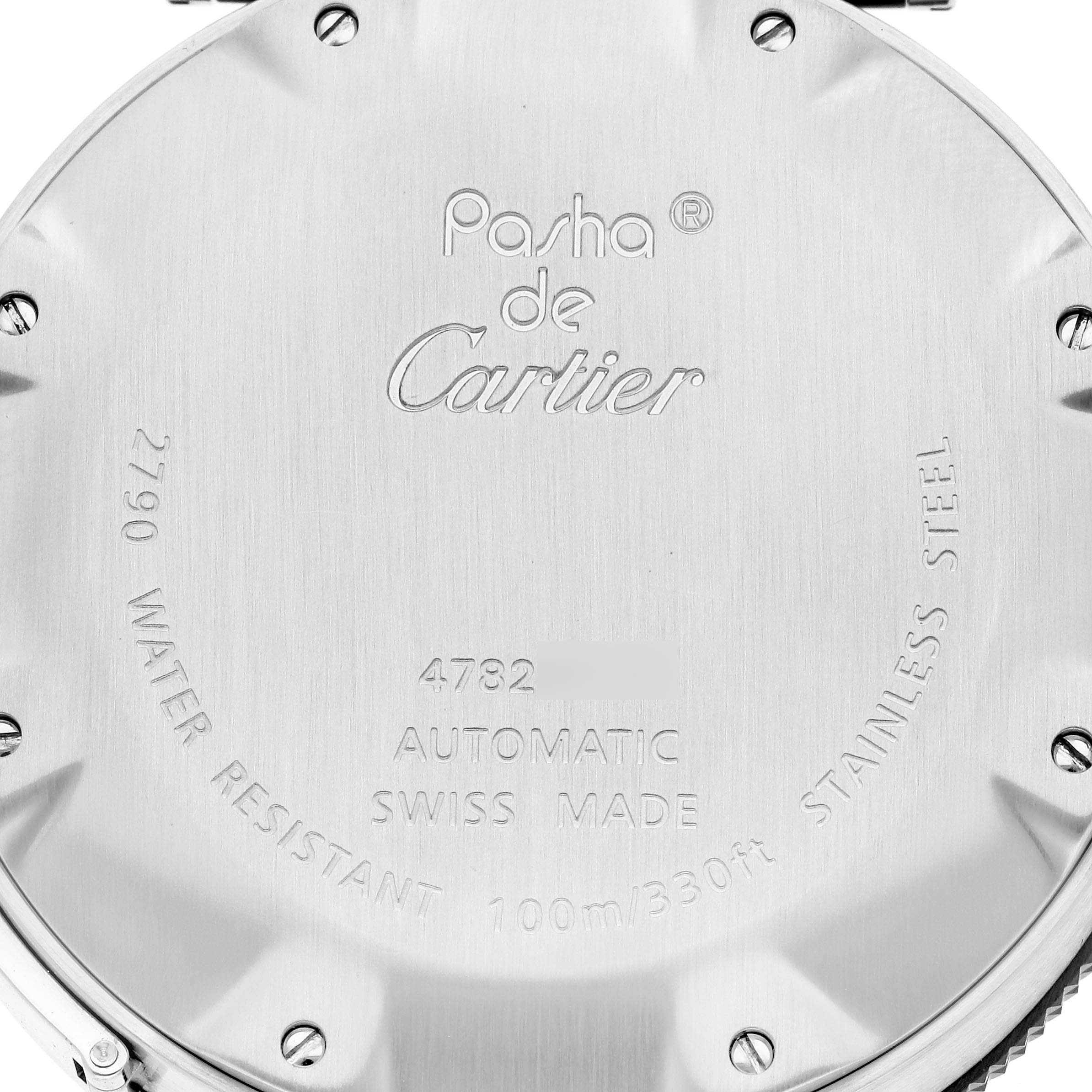 The image shows the back case of the Cartier Pasha 63249 Men
s Stainless Steel Black Dial 63249 Men
s Stainless Steel Black Dial watch, highlighting engravings and screws.