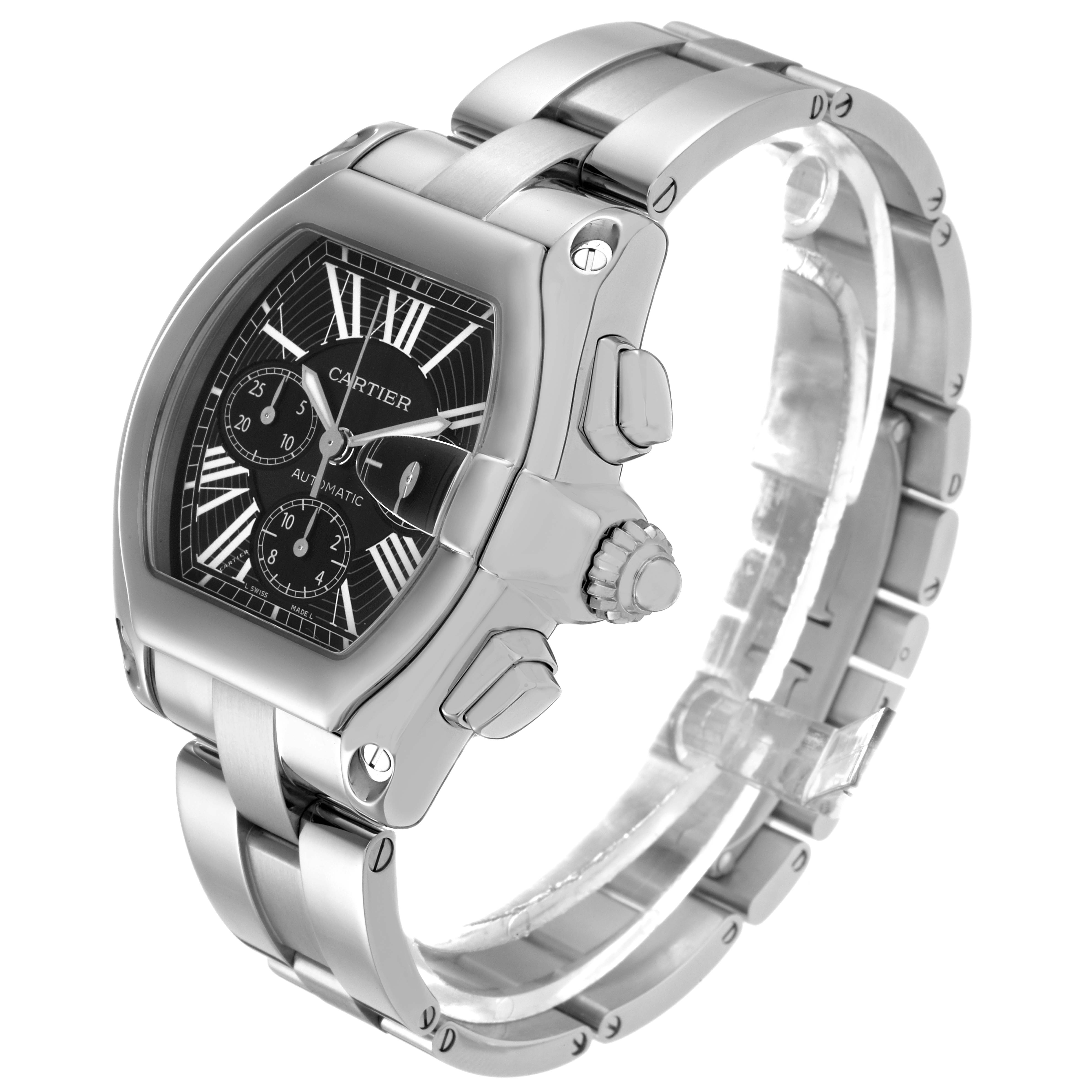 The Cartier Roadster model W62020X6 men's watch is shown from an angle highlighting the face, crown, chronograph buttons, and bracelet.