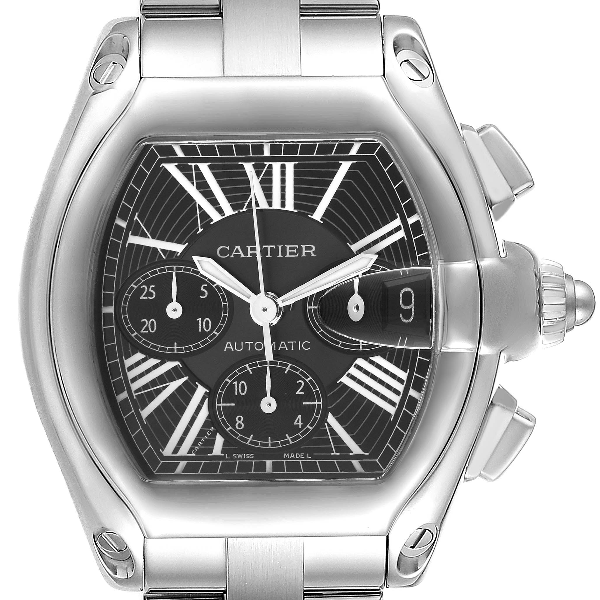 The Cartier Roadster model W62020X6 is shown from a front angle, displaying its dial, Roman numerals, chronograph sub-dials, and a date window.