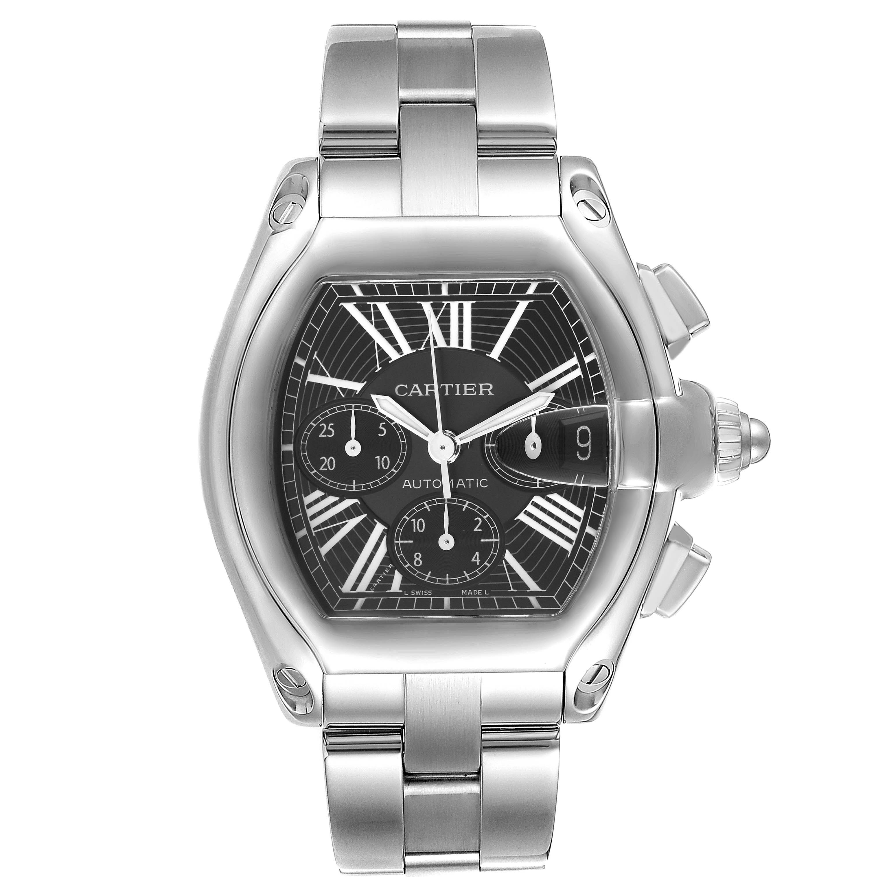 The Cartier Roadster model W62020X6 men's watch is shown from a frontal angle, highlighting the face, dial, and stainless steel bracelet.