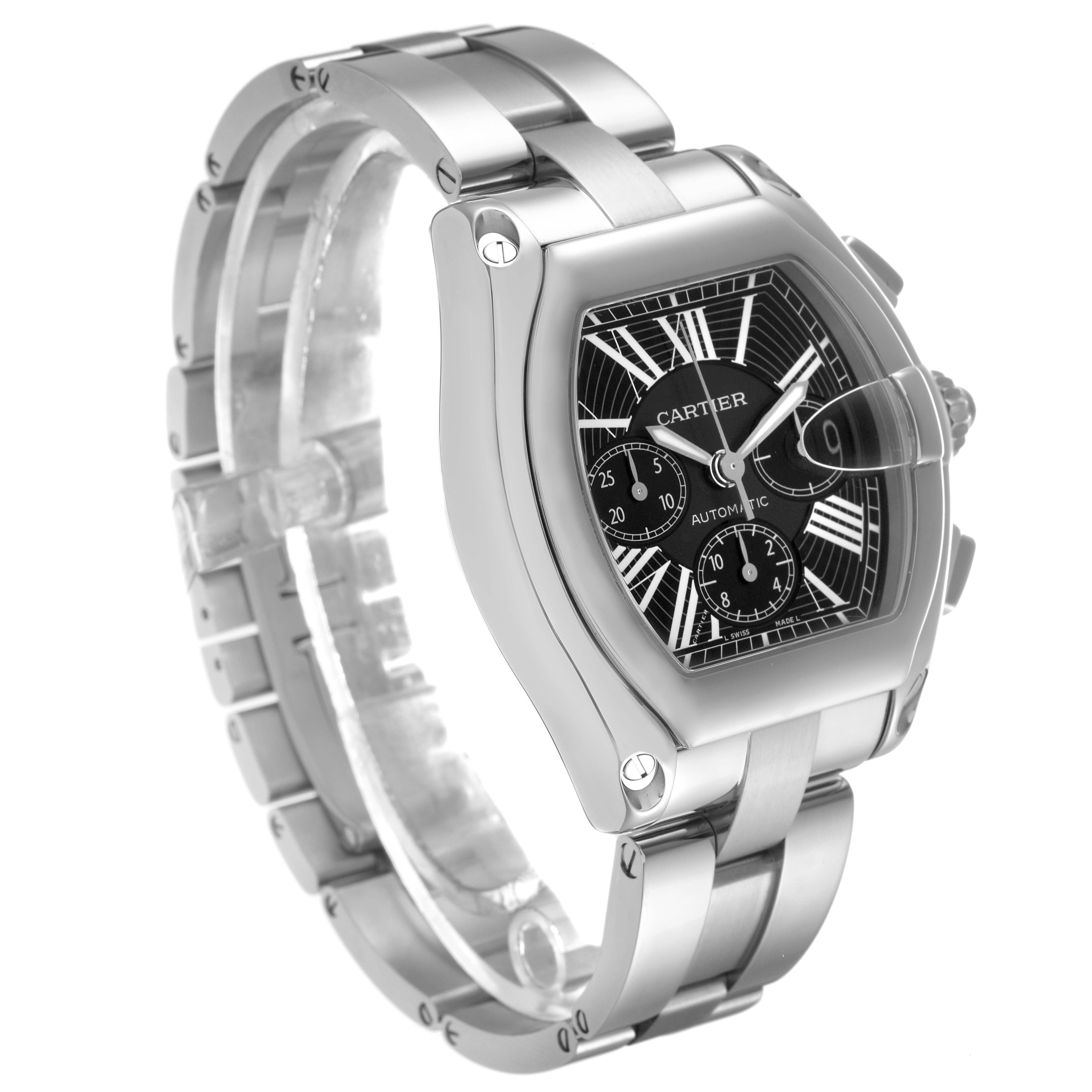 The Cartier Roadster model W62020X6 watch is displayed at a three-quarter angle, showcasing the face, crown, and bracelet.