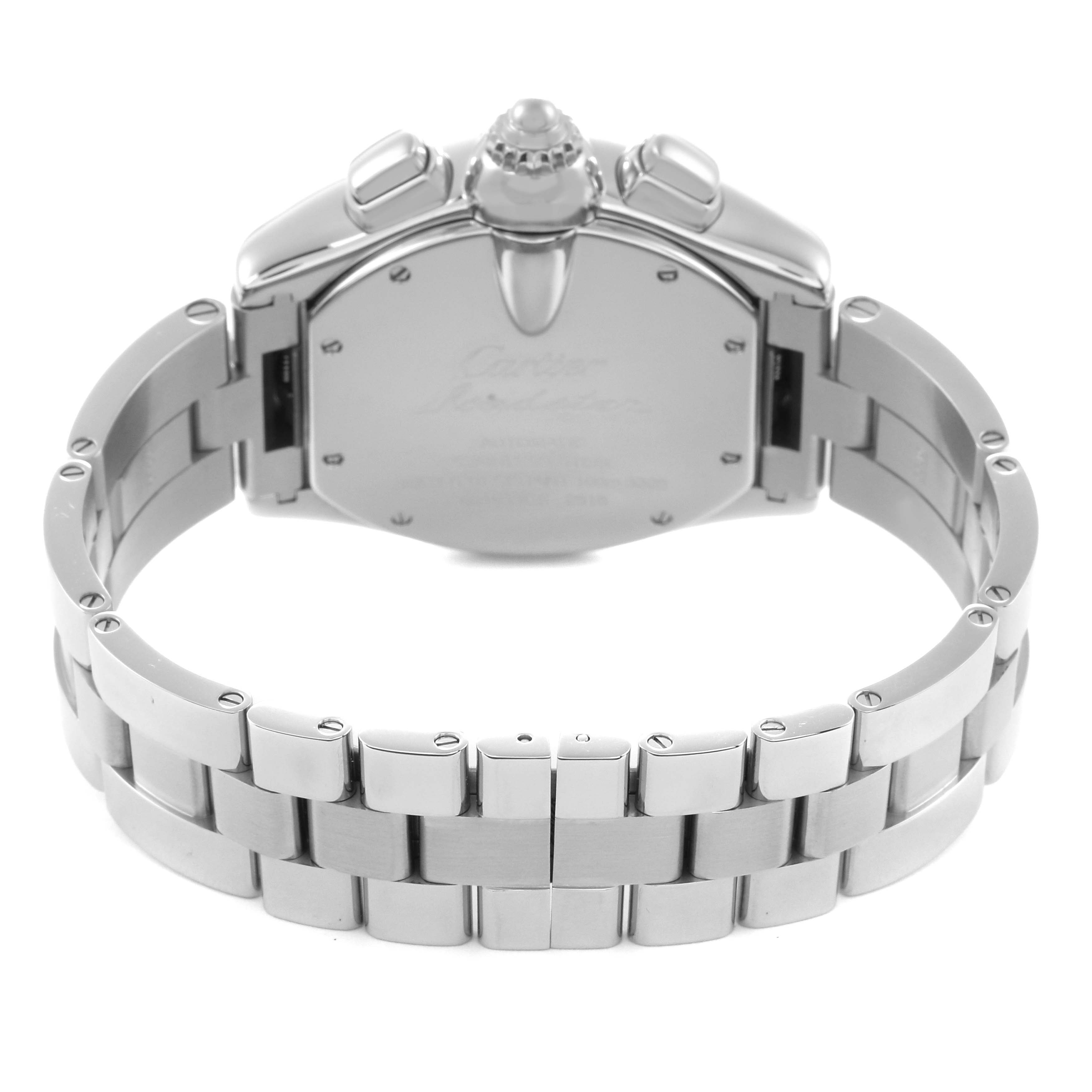 The image shows the back of a Cartier Roadster W62020X6 men's watch, highlighting the case back, bracelet, and crown from a rear angle.